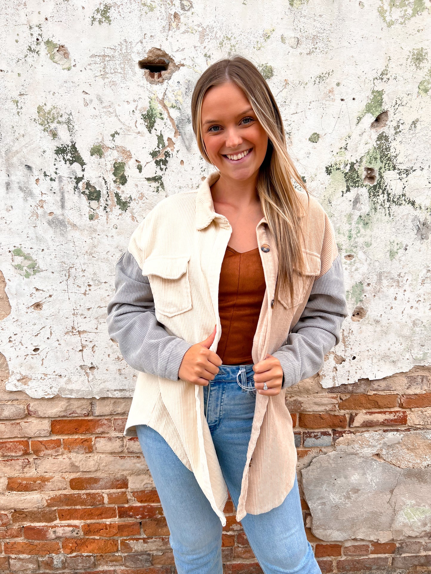Dawn Vintage Wash Color Block Corduroy Shacket-Shirts & Tops-BiBi-IP6039G, jacket, Shirt, shirt jacket, t2-The Twisted Chandelier