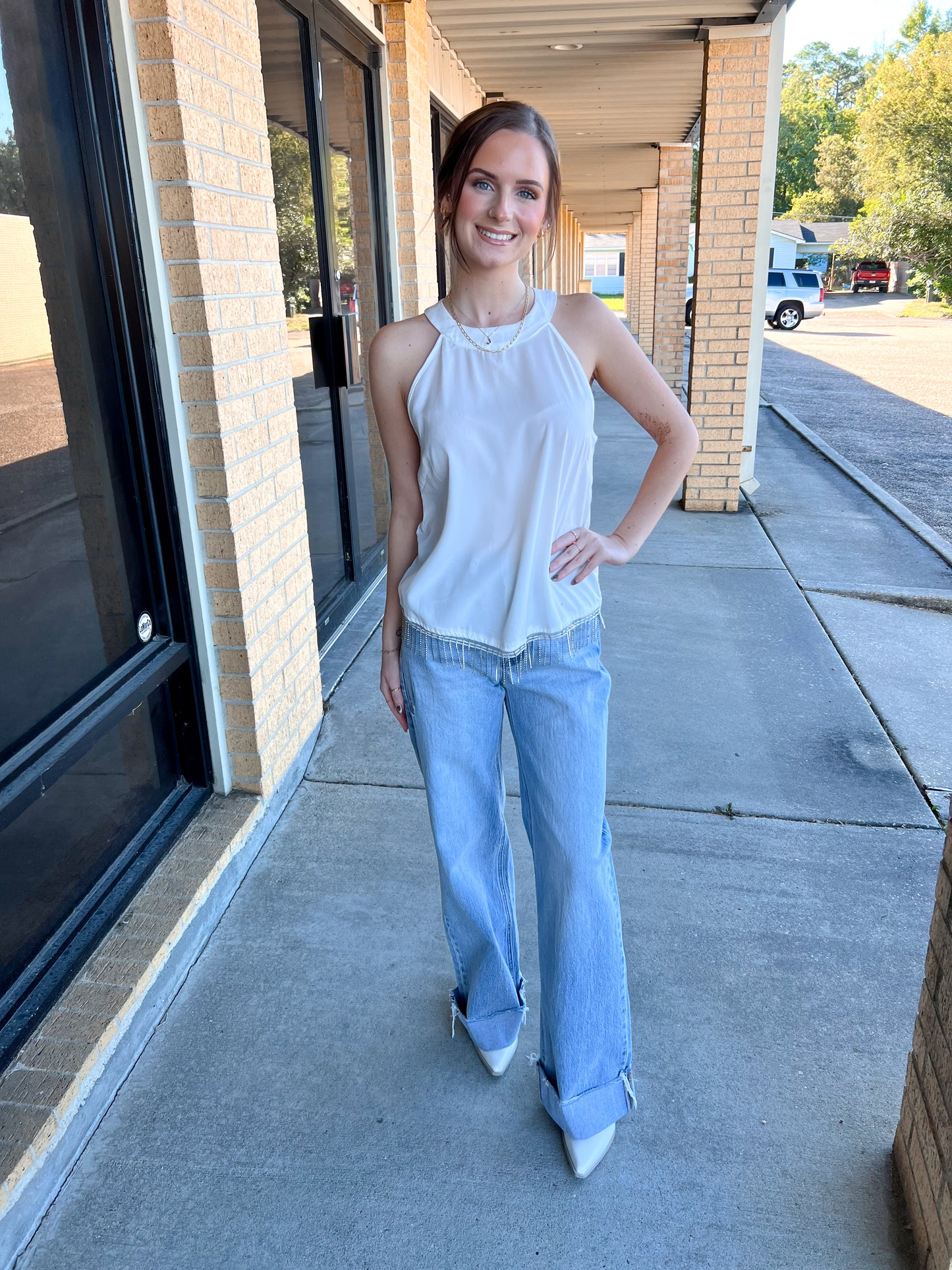 Maelani White Top With Rhinestone Fringe-Shirt-Southern Grace Wholesale-04/21/25,05/25/24,1st md,6/27/23,Max Retail,Tops Collection,western & concert-The Twisted Chandelier