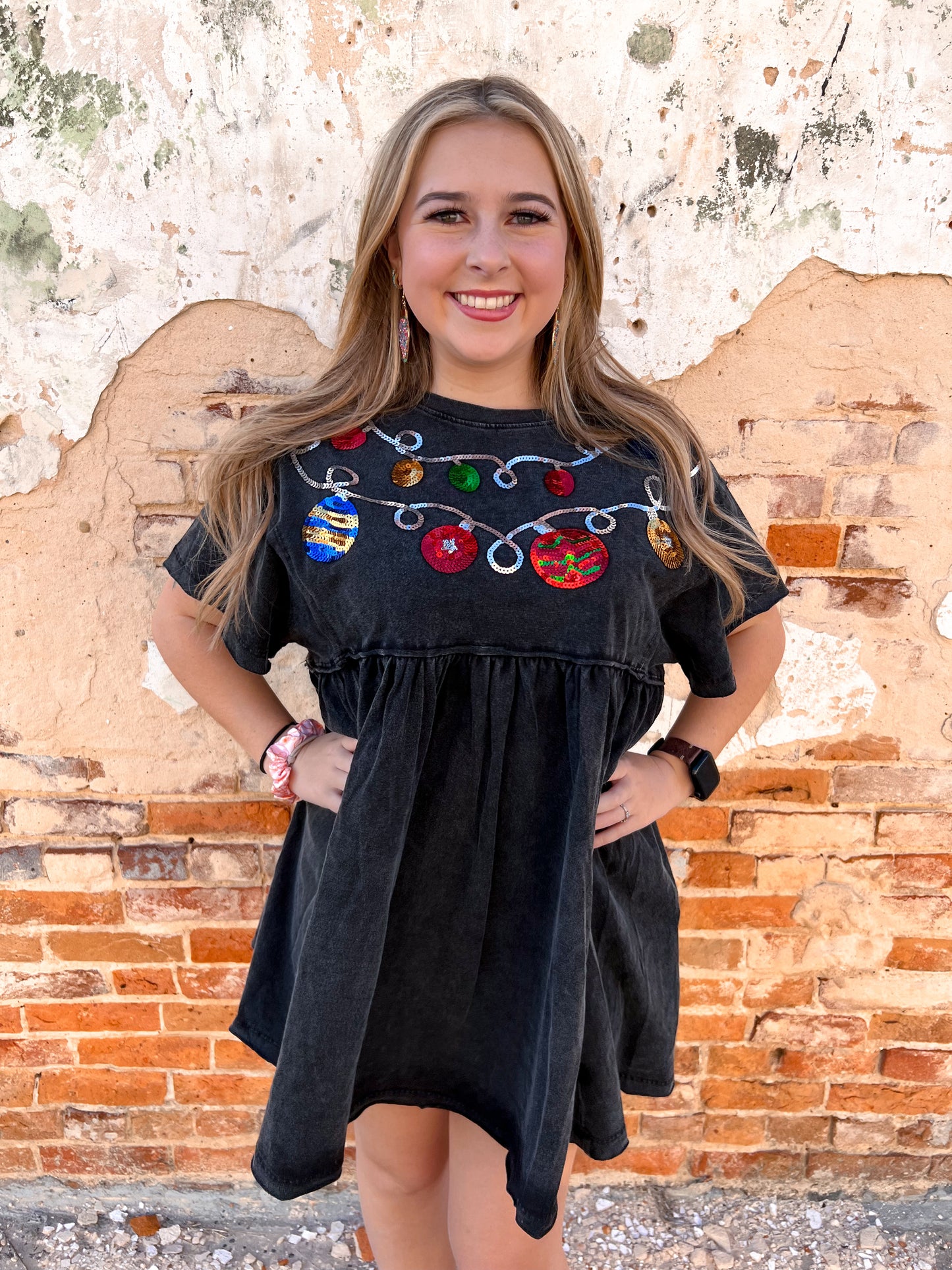 Arabella Christmas Sequin Trim Babydoll Washed Charcoal Dress-Dress-Main Strip-& Jumpsuits,DJR,Dresses,Max Retail,Rompers-The Twisted Chandelier