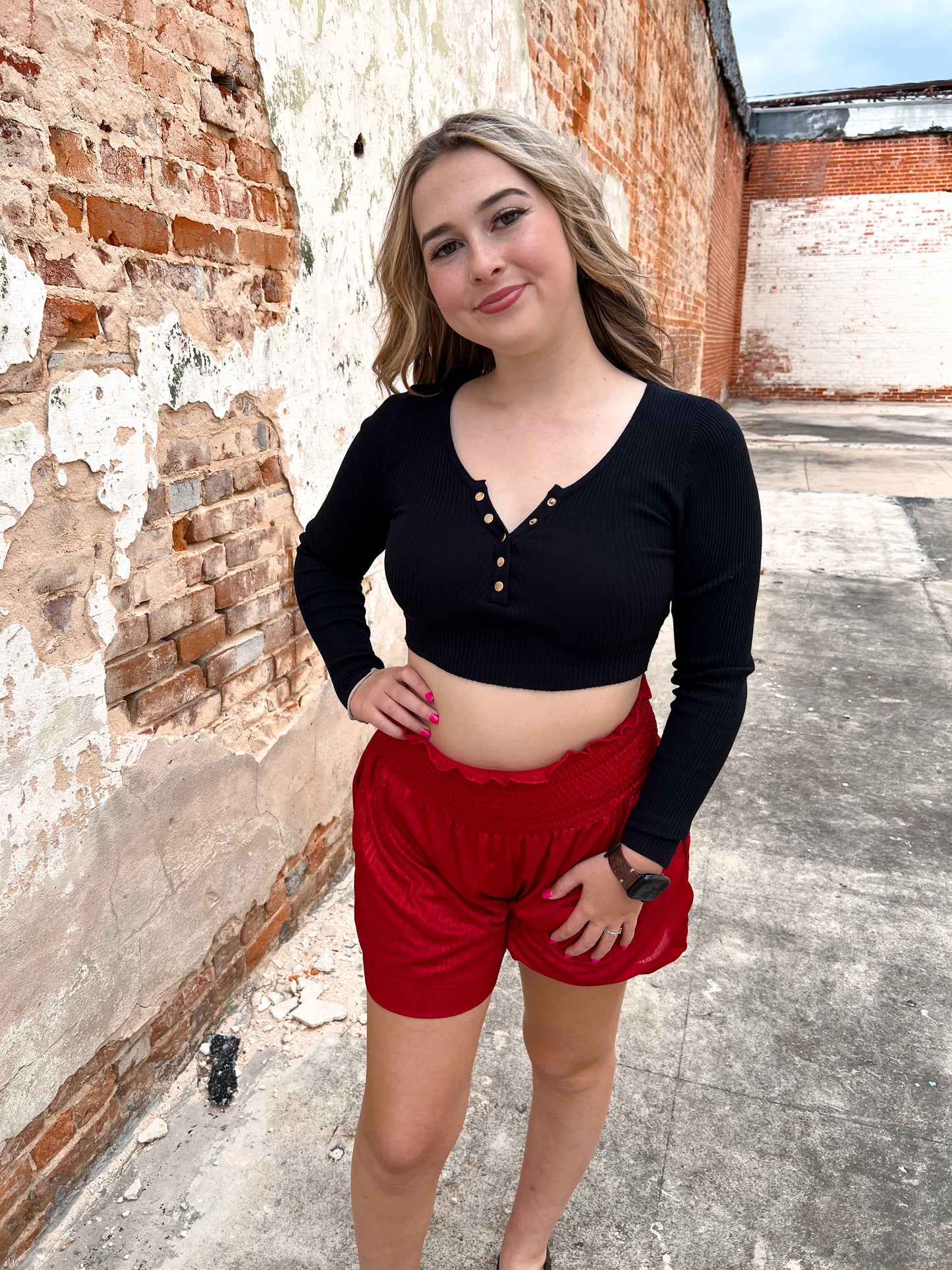 Red High Waisted Shimmer Shorts-Shorts-Southern Grace Wholesale-BIN A5, Max Retail-The Twisted Chandelier