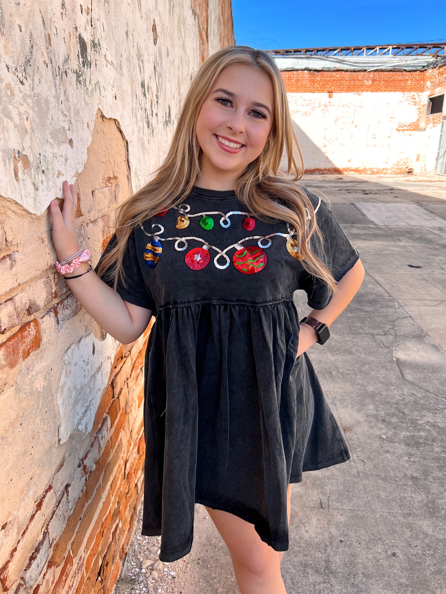 Arabella Christmas Sequin Trim Babydoll Washed Charcoal Dress-Dress-Main Strip-Bin a1,Dresses,Max Retail-The Twisted Chandelier