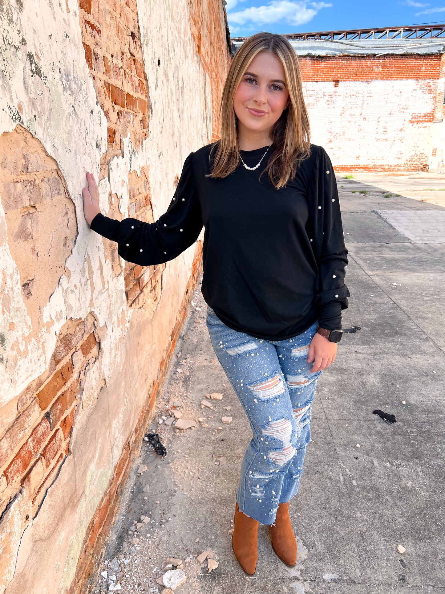 Ingrid Pearl Embellished Long Sleeve Top-Top-Your Fashion Wholesale-11/28/23 md, 1st md-The Twisted Chandelier