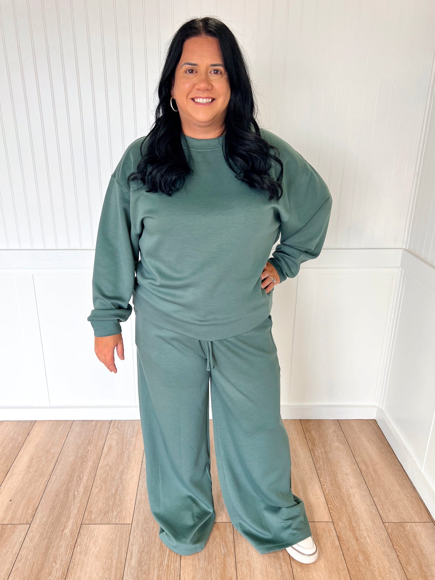 Mabel Cozy Scuba Crewneck Pullover & Wide Leg Pants 2-Piece Set - Plus-Outfit Sets-Zenana-FD 11/6/25-The Twisted Chandelier