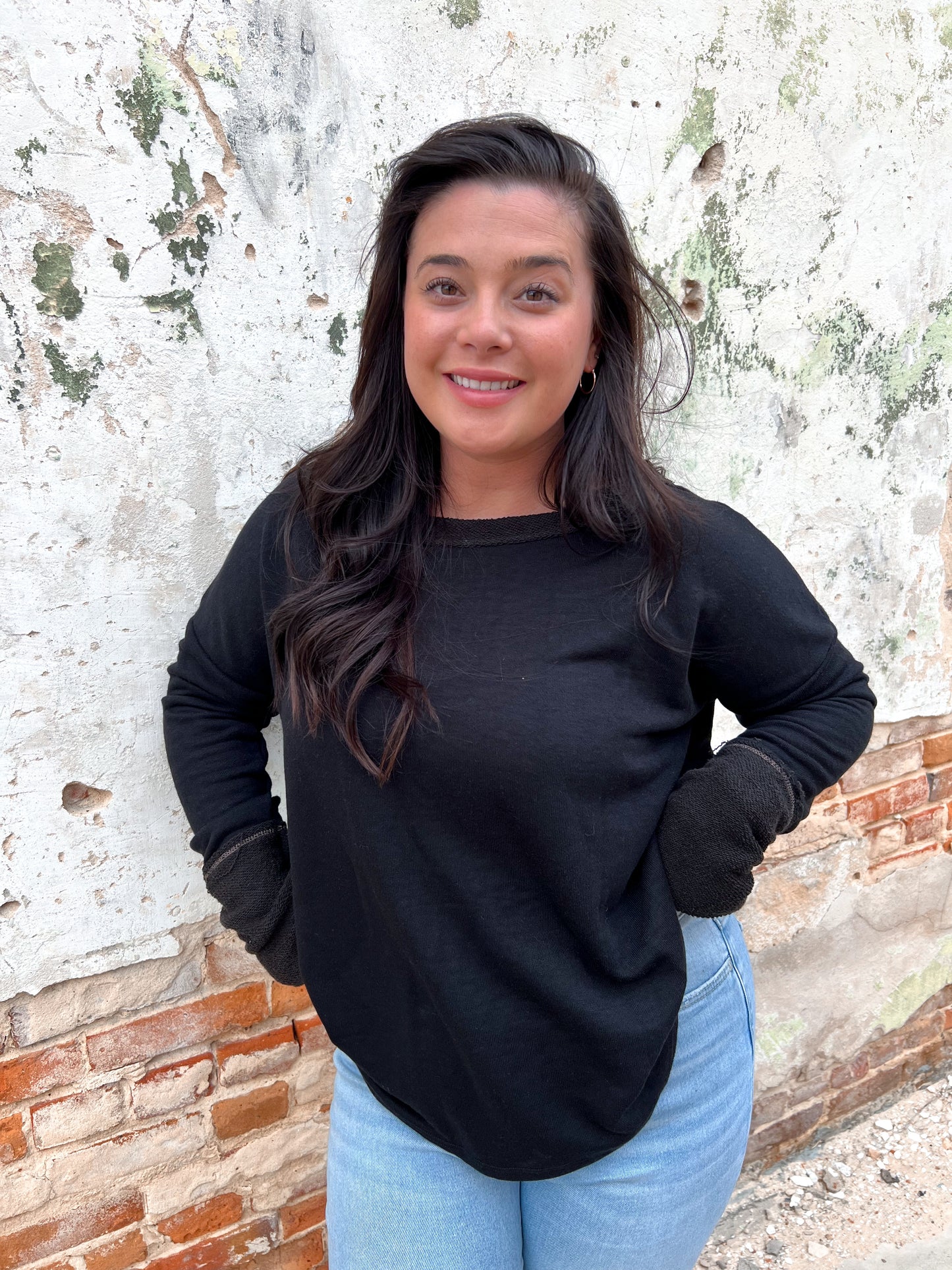 Melanie Cotton French Terry Knit Top with Thumb Hole Cuffs-Shirt-BiBi-BIN A4, BT2658-01-The Twisted Chandelier