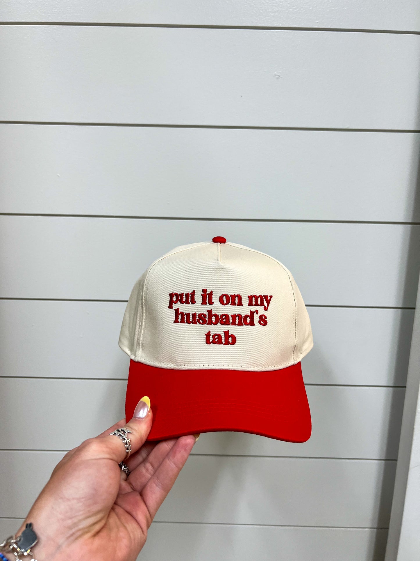 Put It On My Husband's Tab Embroidery Baseball Cap-David And Young-fd 08/08/25-The Twisted Chandelier