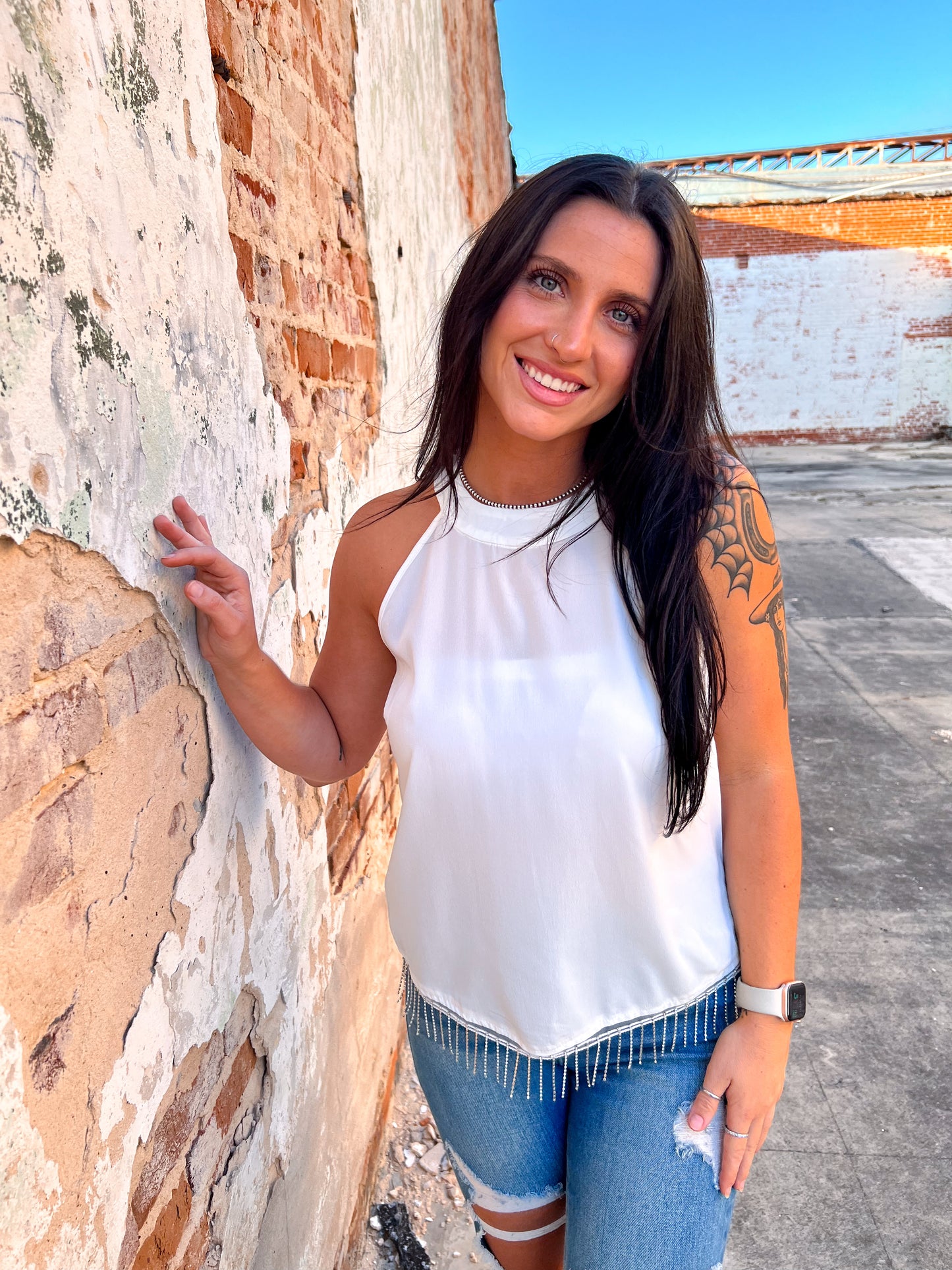 Maelani White Top With Rhinestone Fringe-Shirt-Southern Grace Wholesale-6/27/23-The Twisted Chandelier