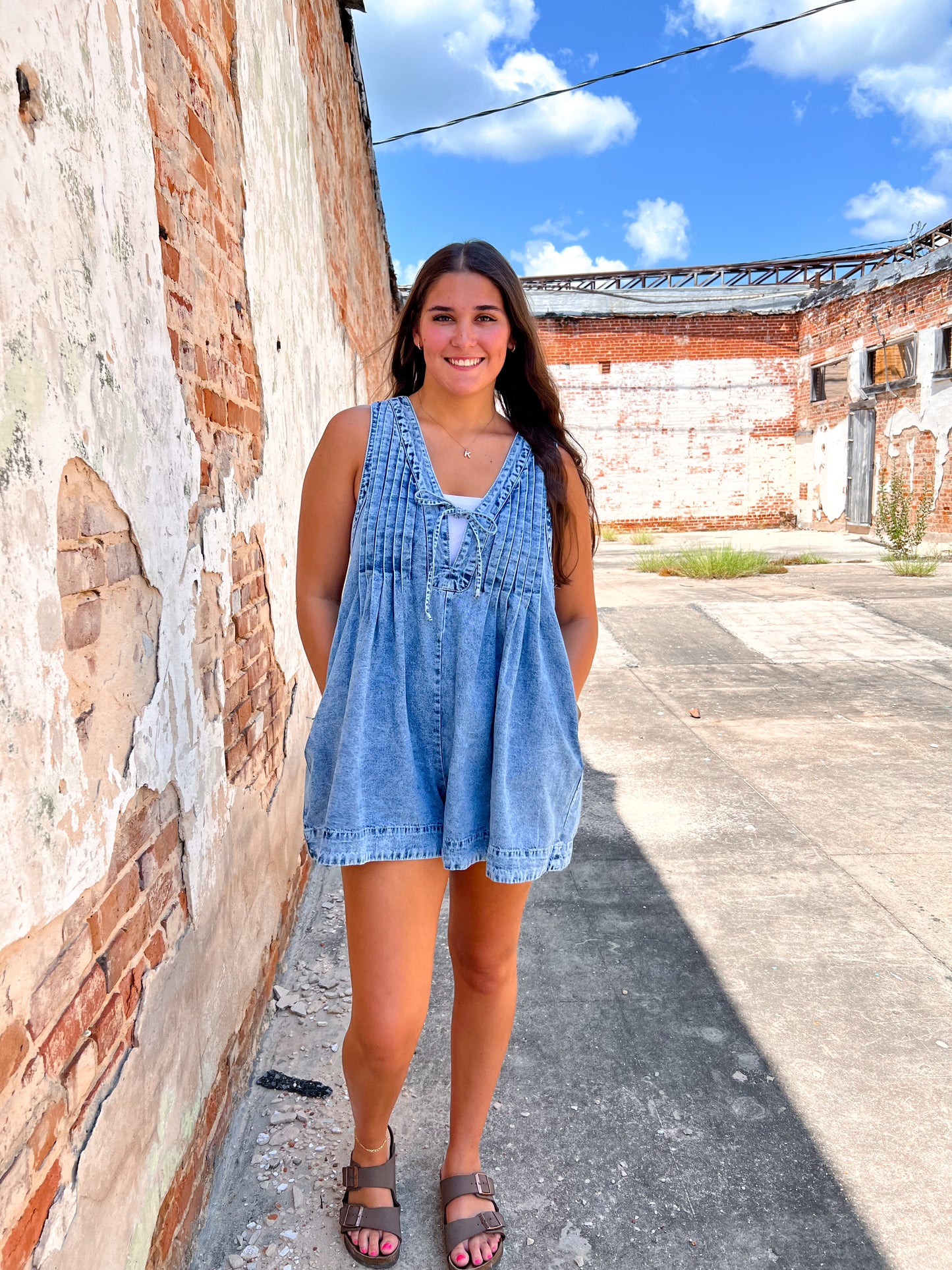 Jesse Pleated V Neck Denim Romper | Medium Wash-Romper-Veveret-CR 08/14/24,FD 08/20/24-The Twisted Chandelier