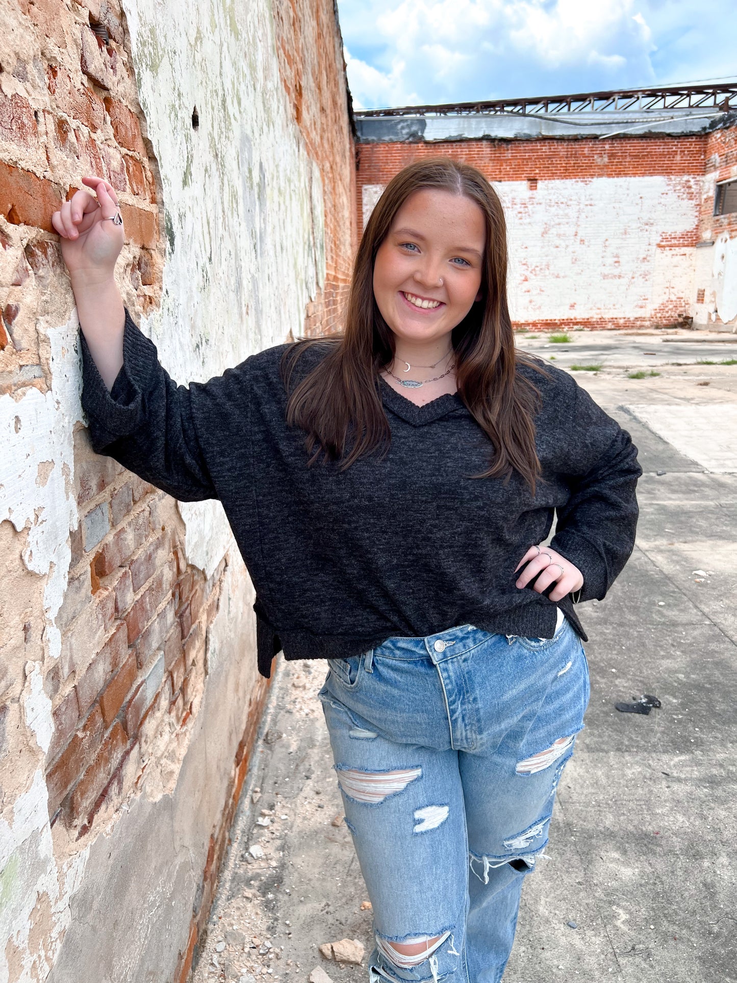 Willa V Neck Sweater - Charcoal - Plus Size-Shirts & Tops-CY Fashion-blue, FAVES, M5107, M5107P, NOV2021, t5-The Twisted Chandelier