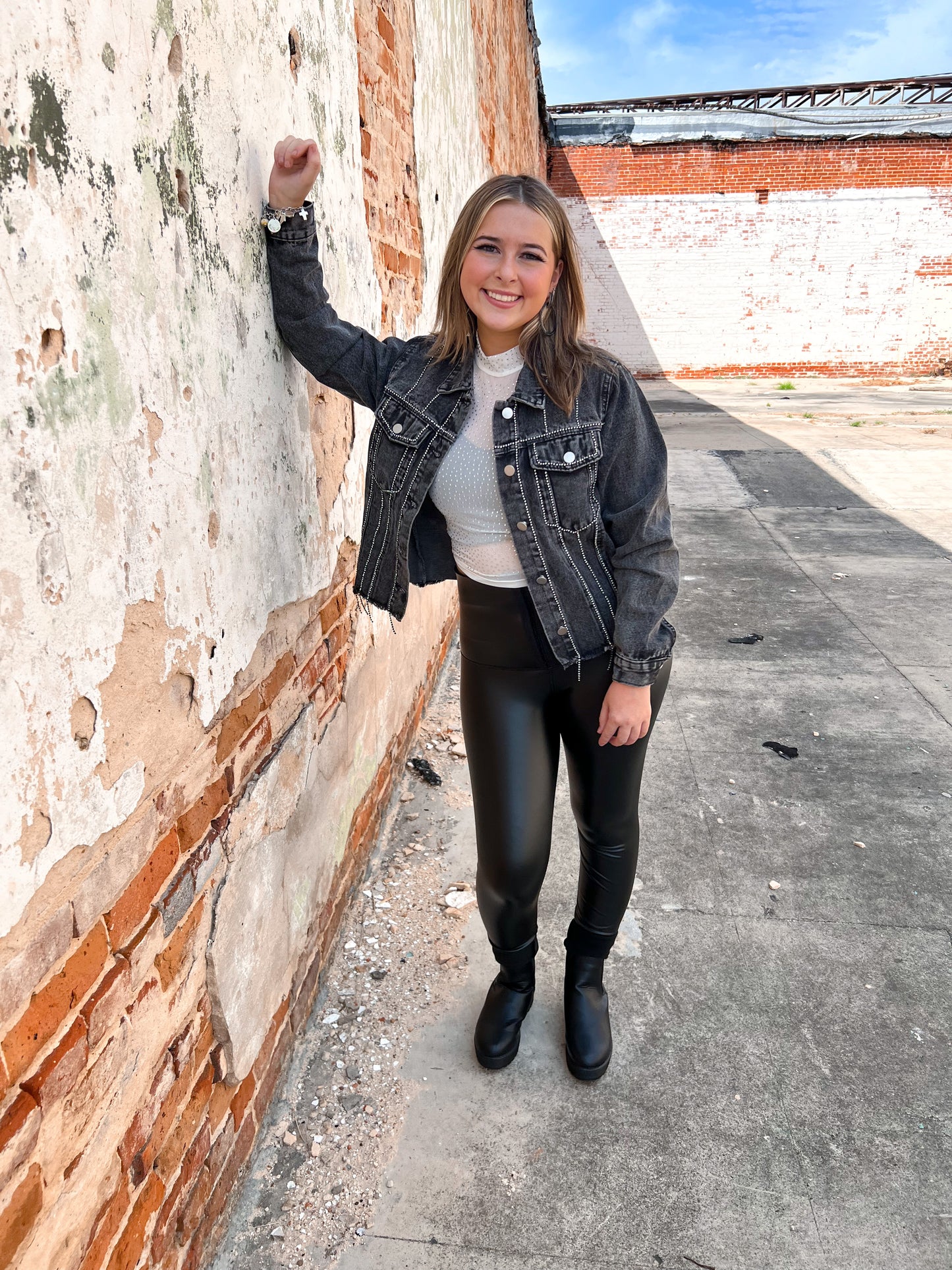 Sofia Denim Jacket with Diamond Trim Detail-Jacket-Andree-09/12/23, BIN C2, BIN D2-The Twisted Chandelier