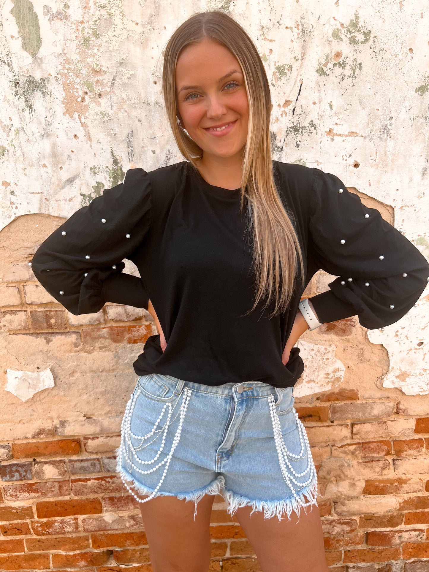 Korey Pearl Chain Layer Denim Shorts-Shorts-blue b.-BIN A5-The Twisted Chandelier