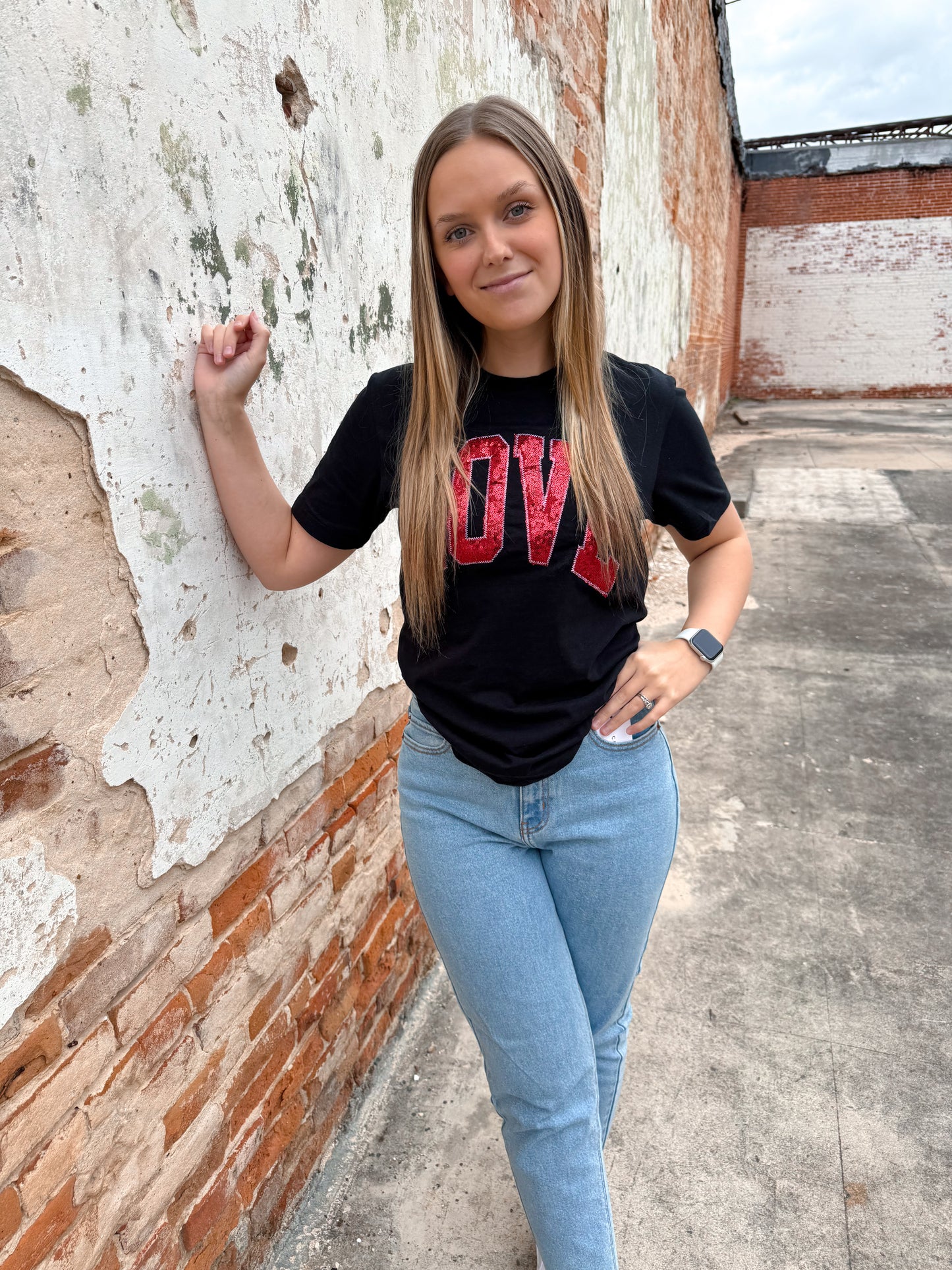 Black Arched Love Short Sleeve Embroidered Patch Tee-Graphic T-Shirt-Southern Belle Wholesale-BIN A5,Max Retail,Tops Collection-The Twisted Chandelier