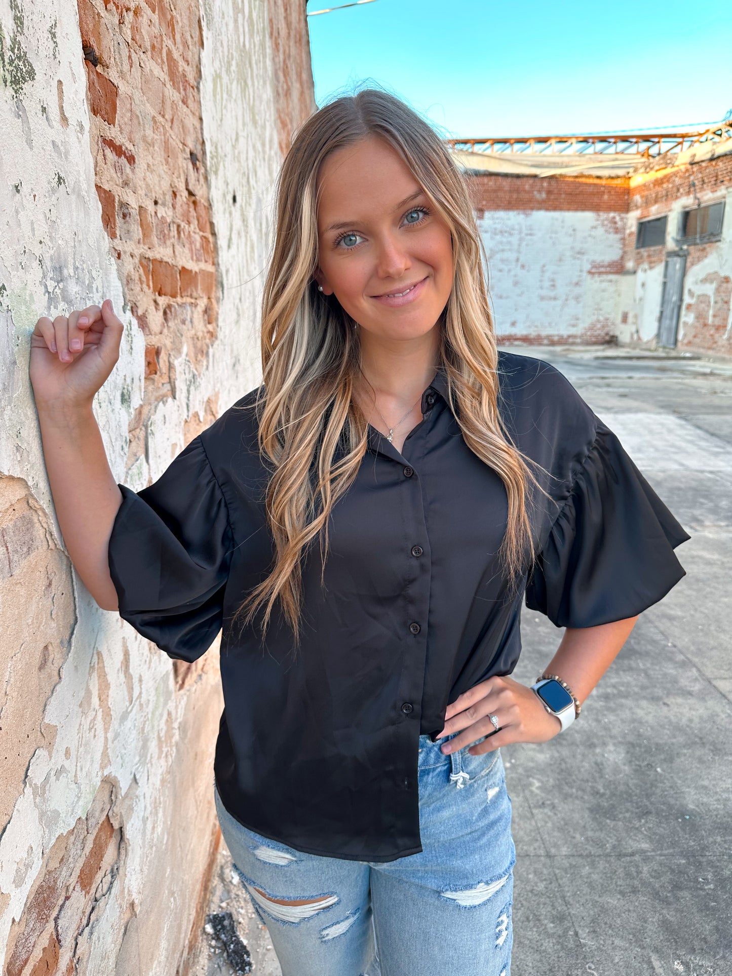 Sloan Satin Drop Shoulder Puffed Sleeves Top-Shirt-jodifl--The Twisted Chandelier