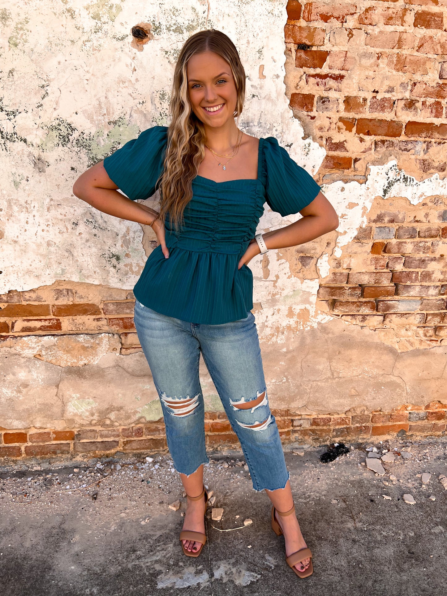 Makayla Textured Sweetheart Neckline Puff Sleeve Top-Top-Entro-7/25/23-The Twisted Chandelier