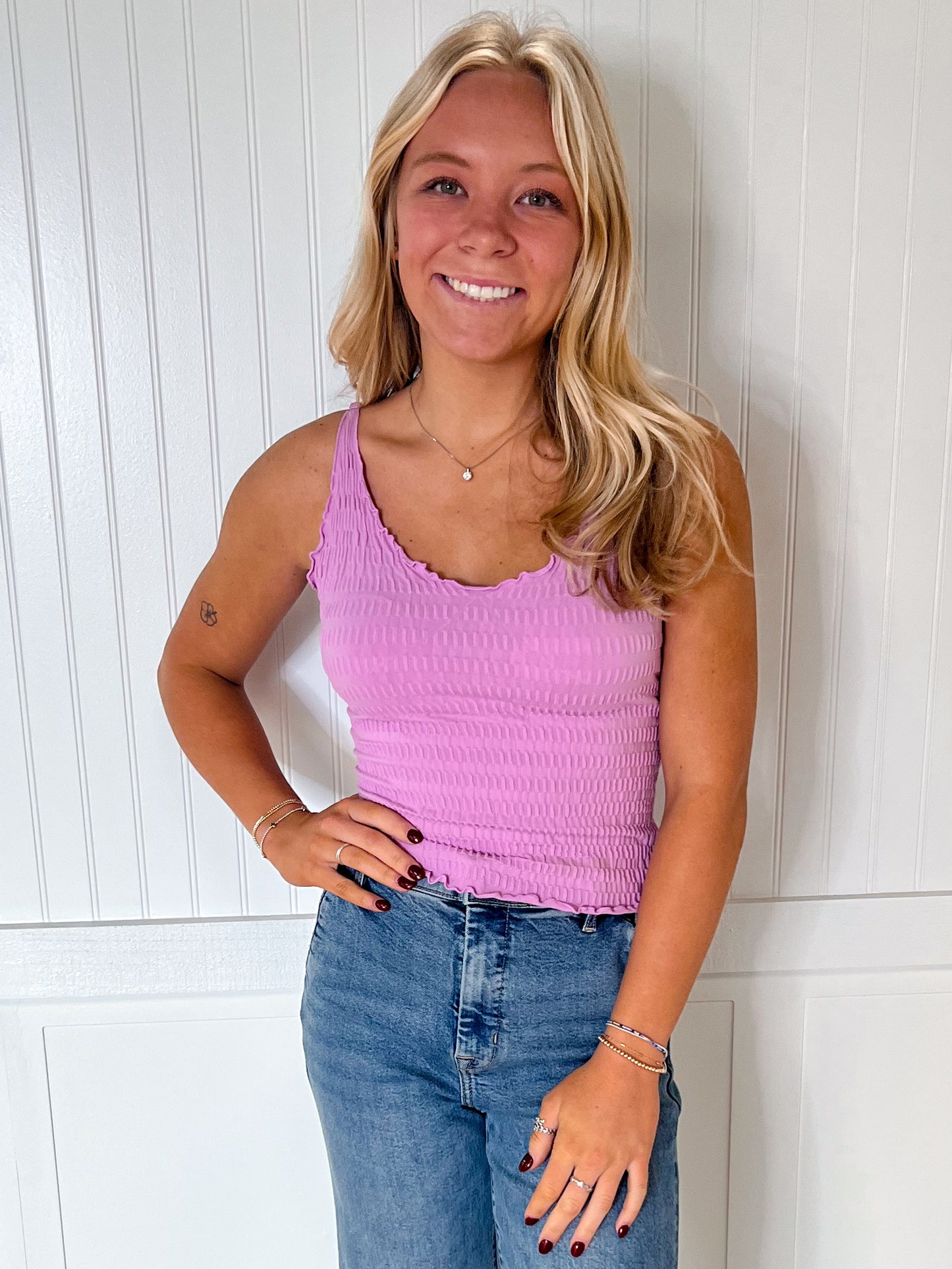 Saylor Lettuce Hem Stretchy Knit Sleeveless Top - Orchid-VERY J-Bin B5,FD 07/15/25,OGP 24.99,Tops Collection-The Twisted Chandelier