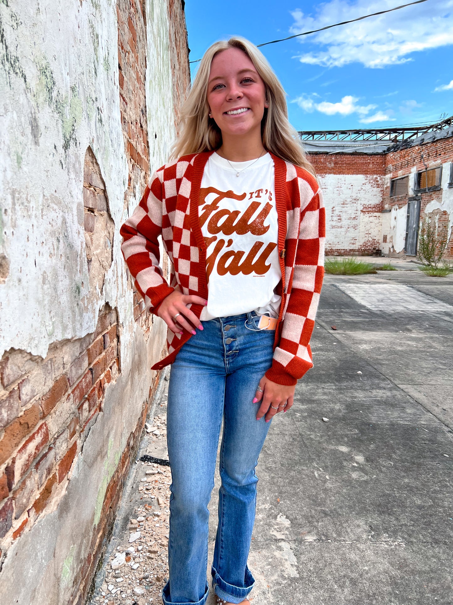 The Ophelia Orange Checkered Cardigan-Cardigan-Southern Grace Wholesale-11/11/24,1st md,5390,Bin C5,Max Retail,not on the floor only in totes,OGP 67.99-The Twisted Chandelier