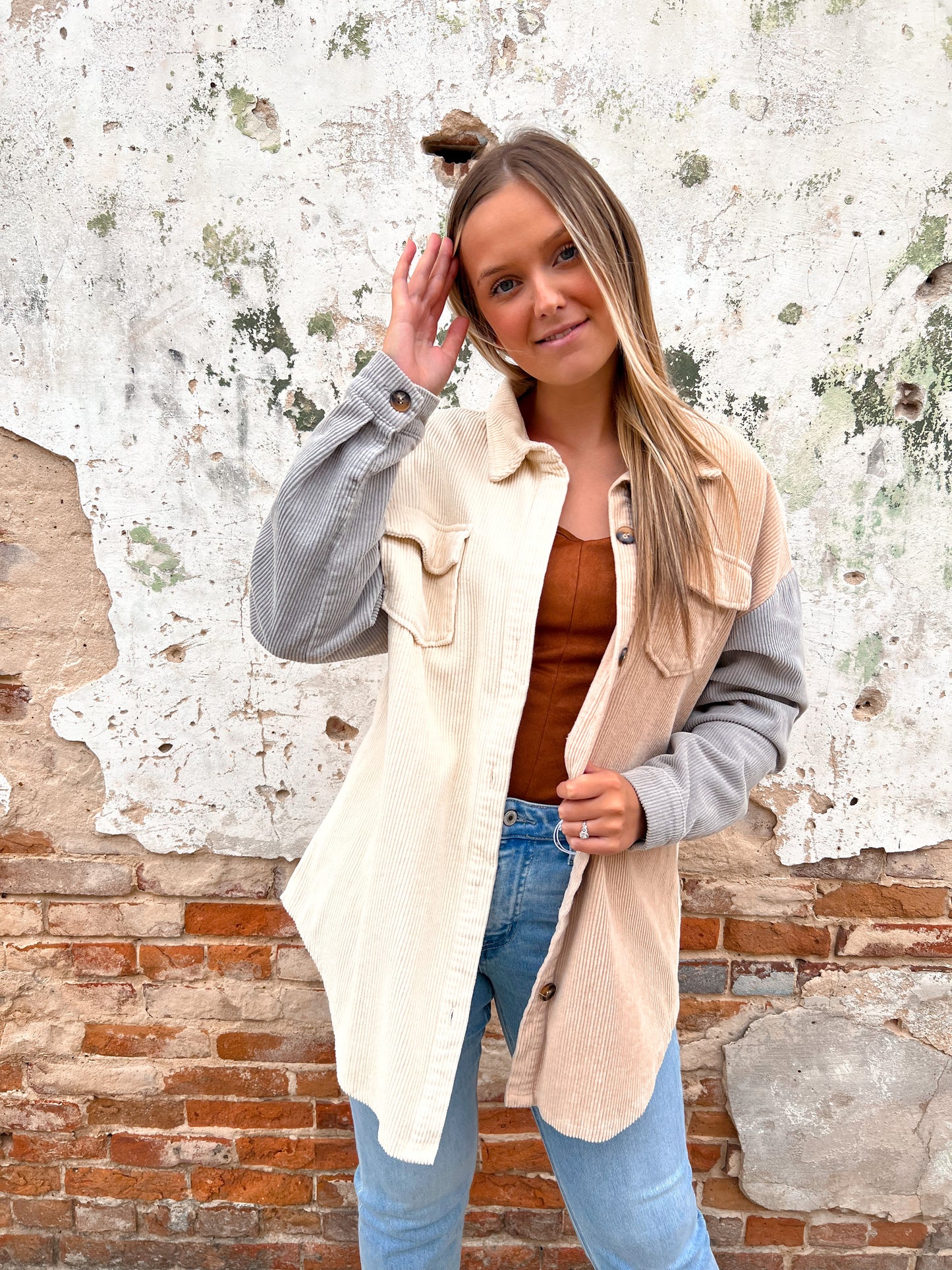 Dawn Vintage Wash Color Block Corduroy Shacket-Shirts & Tops-BiBi-IP6039G, jacket, Shirt, shirt jacket, t2-The Twisted Chandelier