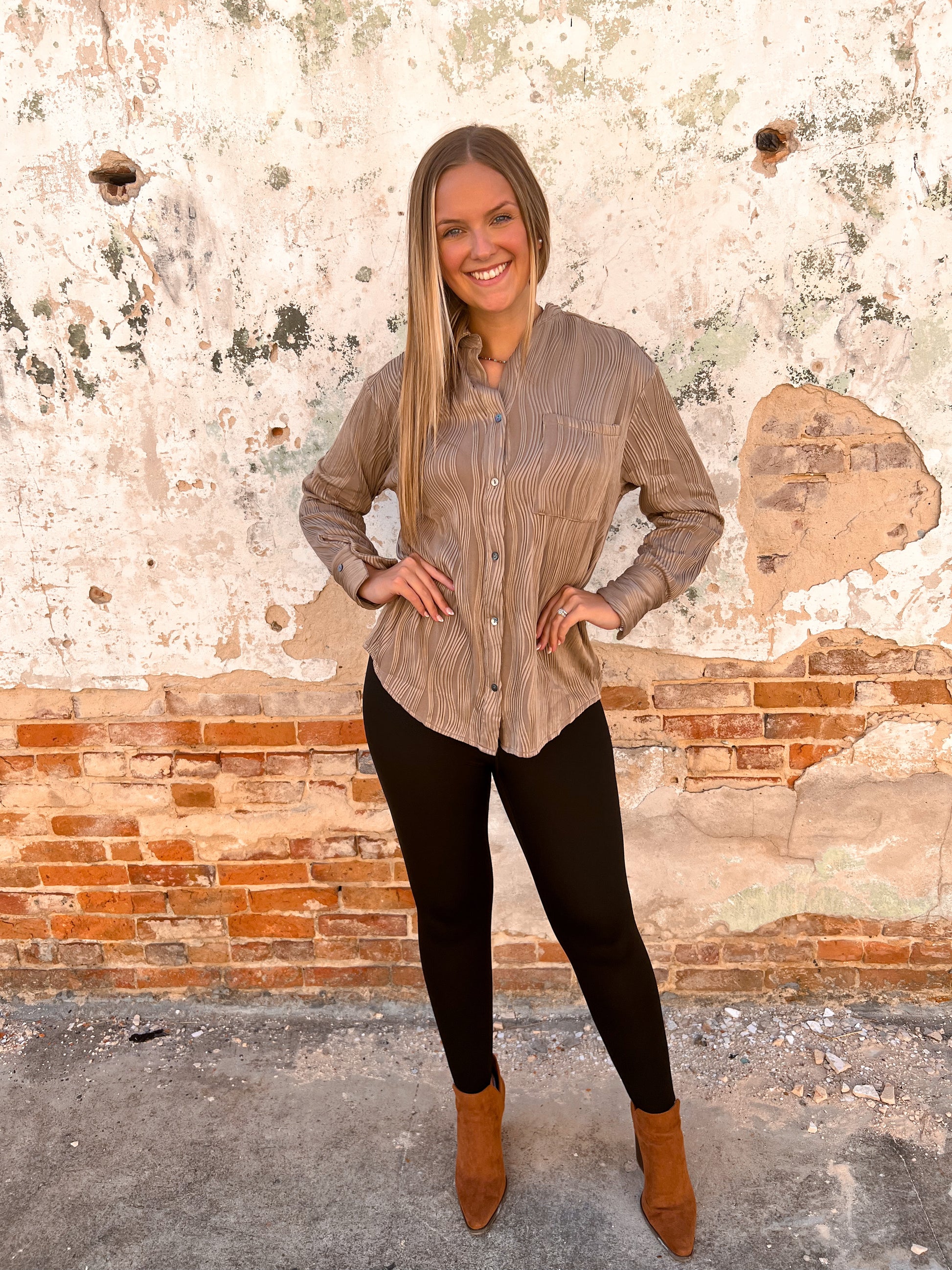 Bella Solid Textured Long Sleeve Button Up Top - Mocha-TOP-Entro-C2, Max Retail-The Twisted Chandelier