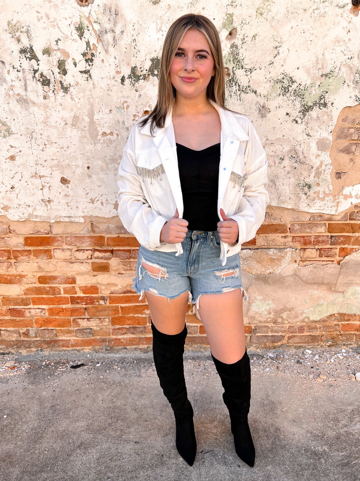 Natalie Rhinestone Cropped Jacket - White-Jacket-Andree-BIN C2-The Twisted Chandelier