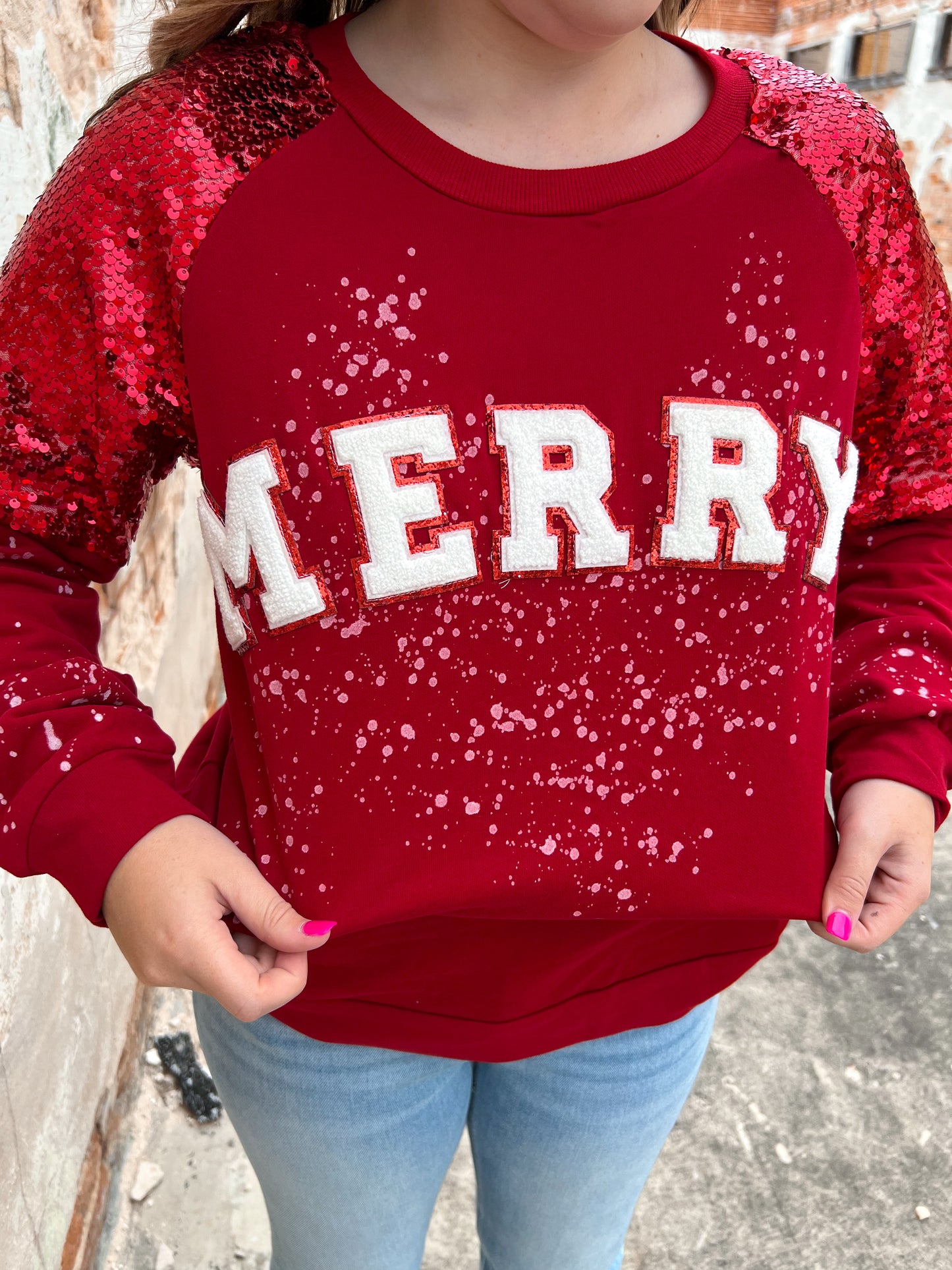 Merry On Sequin Sleeve Sweatshirt-Apparel & Accessories-Southern Grace Wholesale-BIN B4-The Twisted Chandelier