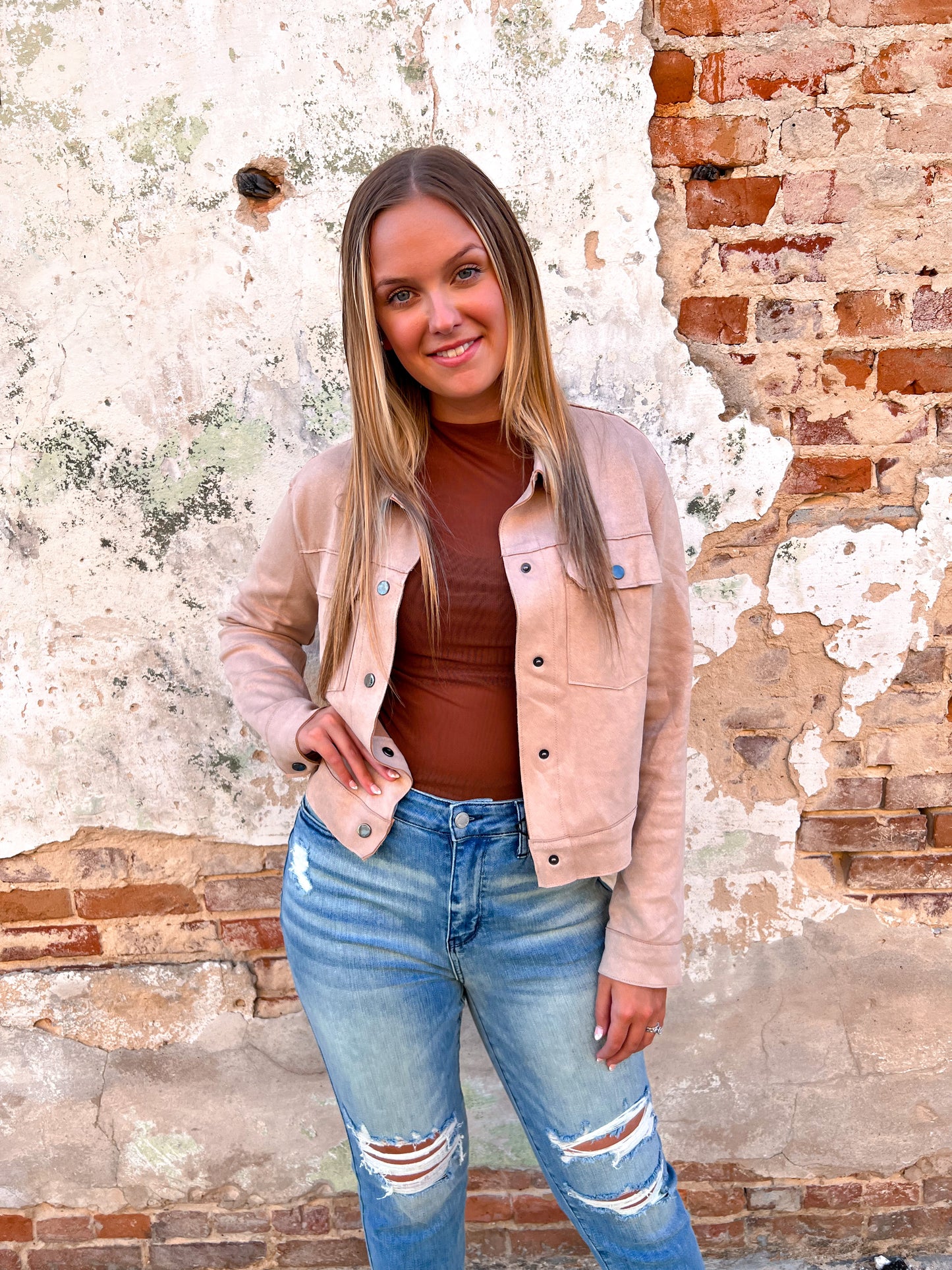 Allyson Faux Suede Cropped Jacket Featuring Button Closure-Jacket-Entro-BIN B2-The Twisted Chandelier