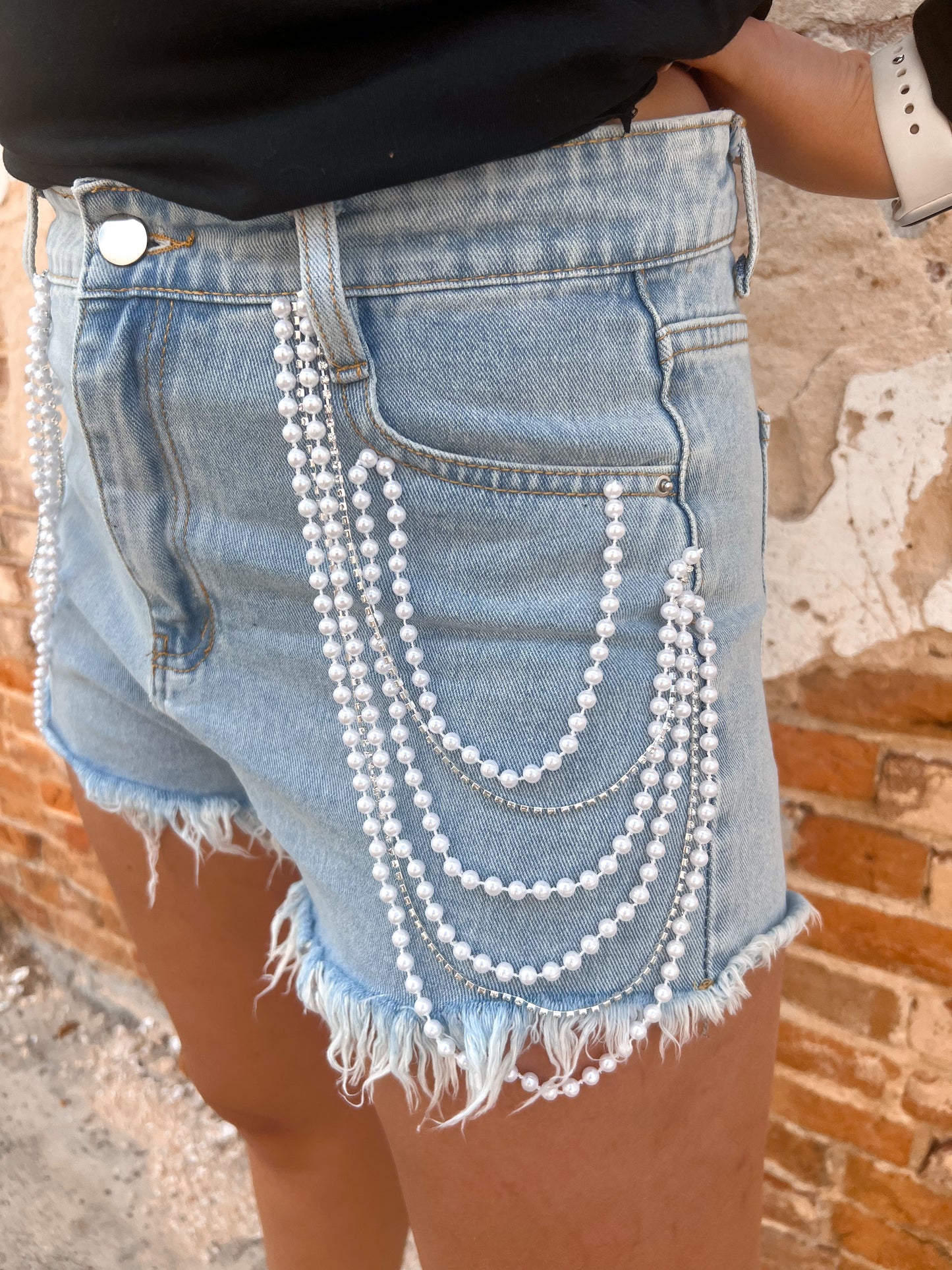 Korey Pearl Chain Layer Denim Shorts-Shorts-blue b.-BIN A5-The Twisted Chandelier
