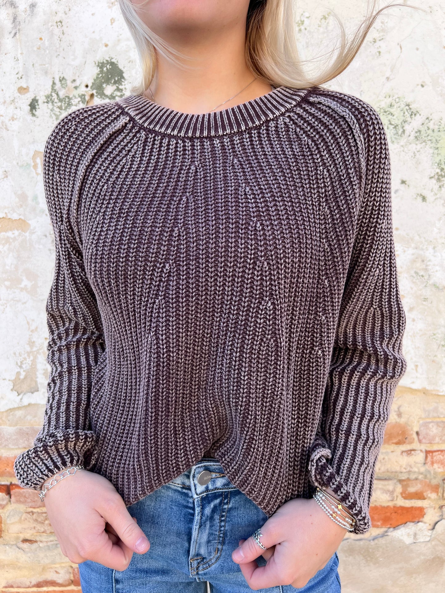 Delilah Washed Crewneck Knit Pullover Sweater-Blu Pepper-Bin a1,FD 12/13/24,FD 12/23/24,Max Retail,not on the floor only in the bins,Tops Collection-The Twisted Chandelier