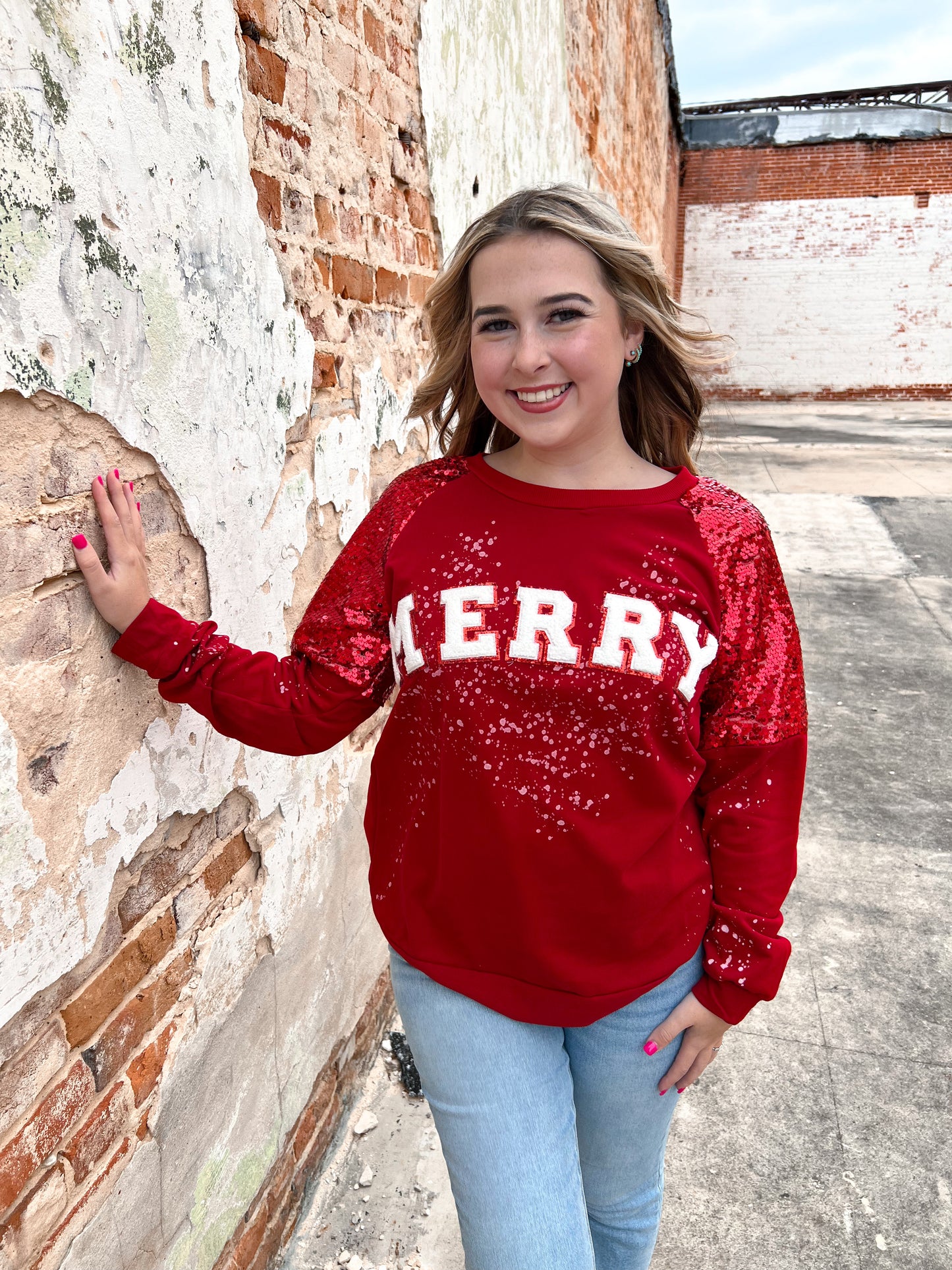 Merry On Sequin Sleeve Sweatshirt-Apparel & Accessories-Southern Grace Wholesale-BIN B4-The Twisted Chandelier