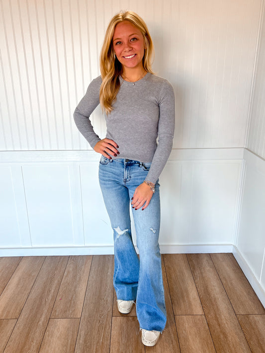 Coraline Long Sleeve Crew Neck Viscose Rib Sweater - Heather Grey-Active Basic | Active USA-The Twisted Chandelier