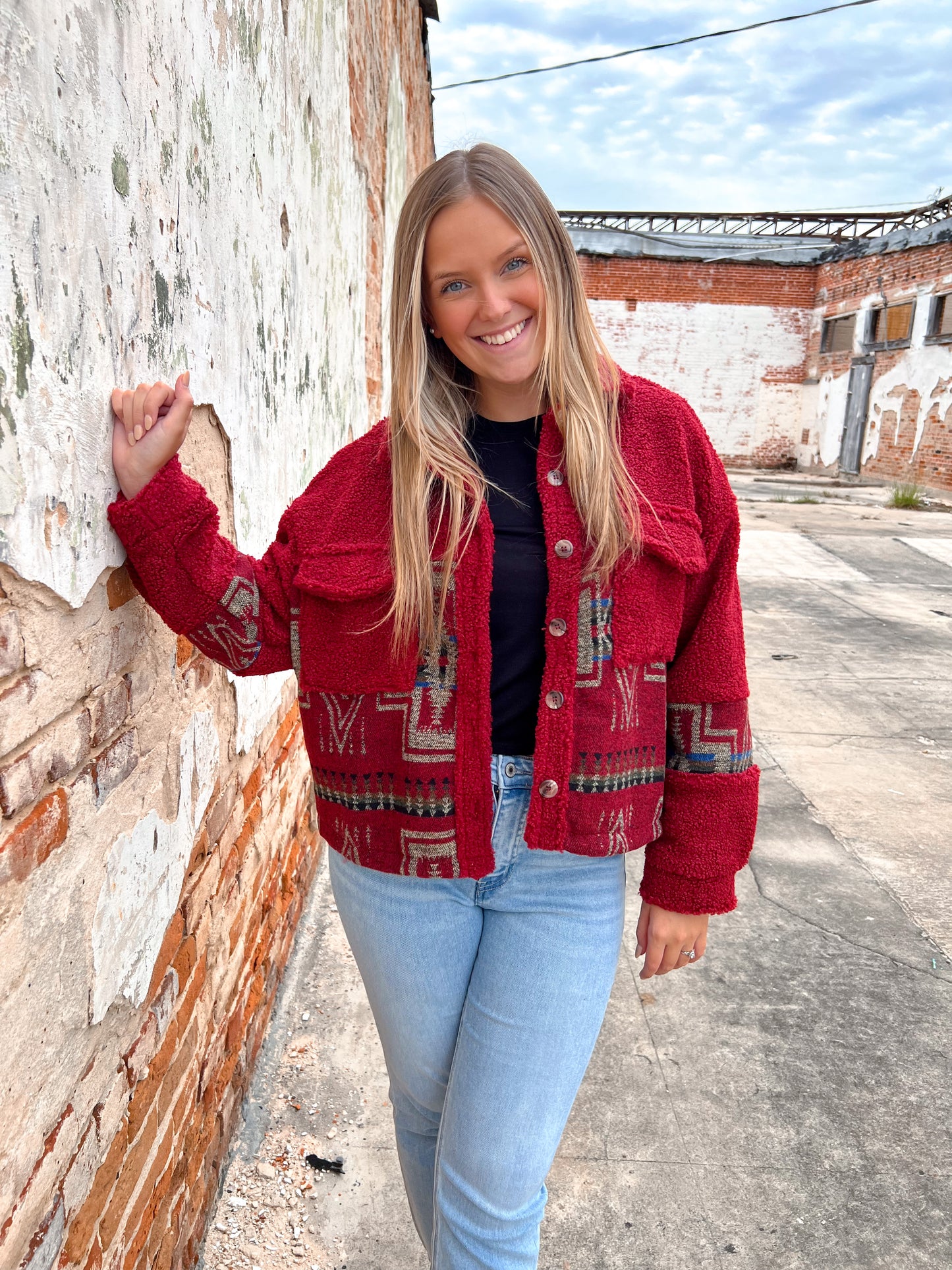 Sara Red Aztec Sherpa Jacket-Jacket-Lucky & blessed-Bin E2, Max Retail-The Twisted Chandelier
