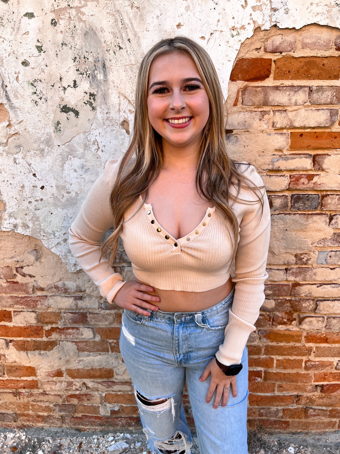 Kayla Cropped Snap Button Sweater Top - Cream-Shirts & Tops-Love Tree--The Twisted Chandelier