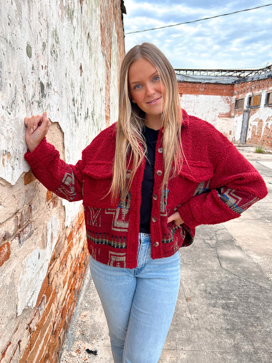 Sara Red Aztec Sherpa Jacket-Jacket-Lucky & blessed-Bin E2, Max Retail-The Twisted Chandelier