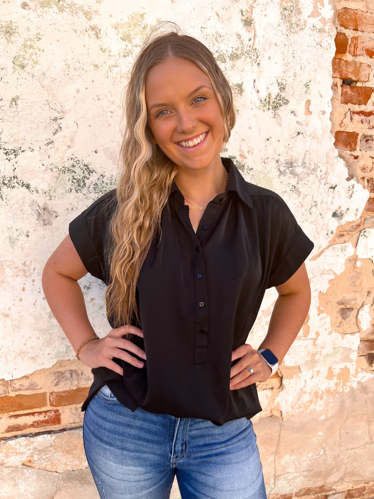 Daizy Collared Button Up Short Sleeve Top-Top-Entro-BIN A4-The Twisted Chandelier