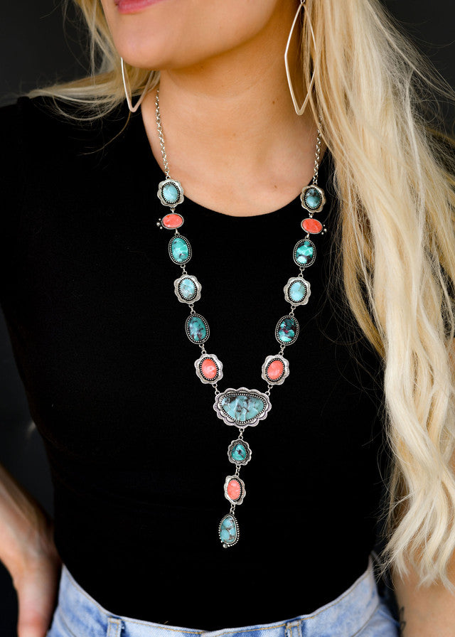 West and Co. 24" Turquoise & Red Lariat Style Necklace with 3.5" Tail-Necklaces-West and Co.--The Twisted Chandelier