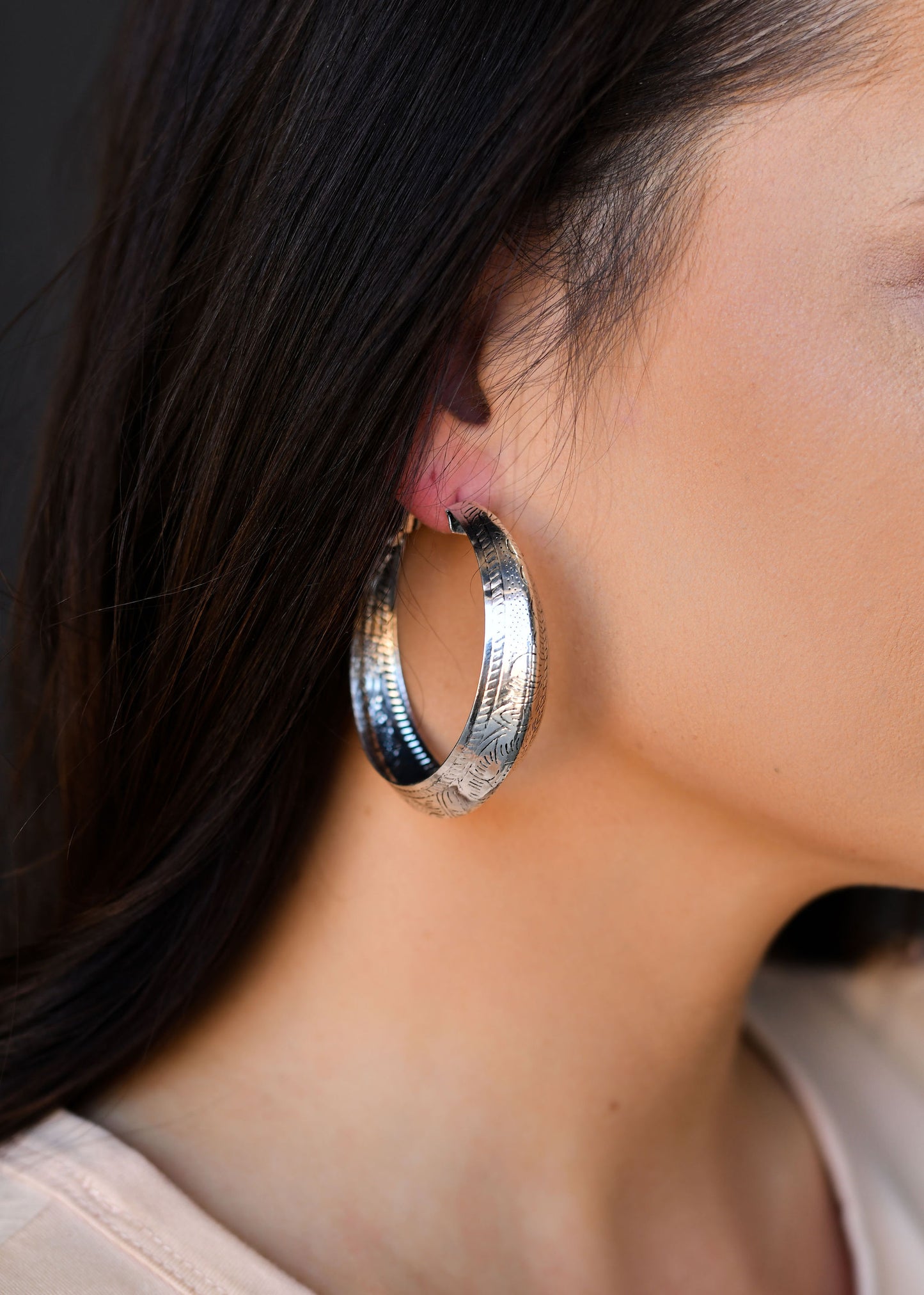 West and Co. 2" Silver Lightweight Tooled Hoop Earring-Hoop Earrings-West and Co.--The Twisted Chandelier