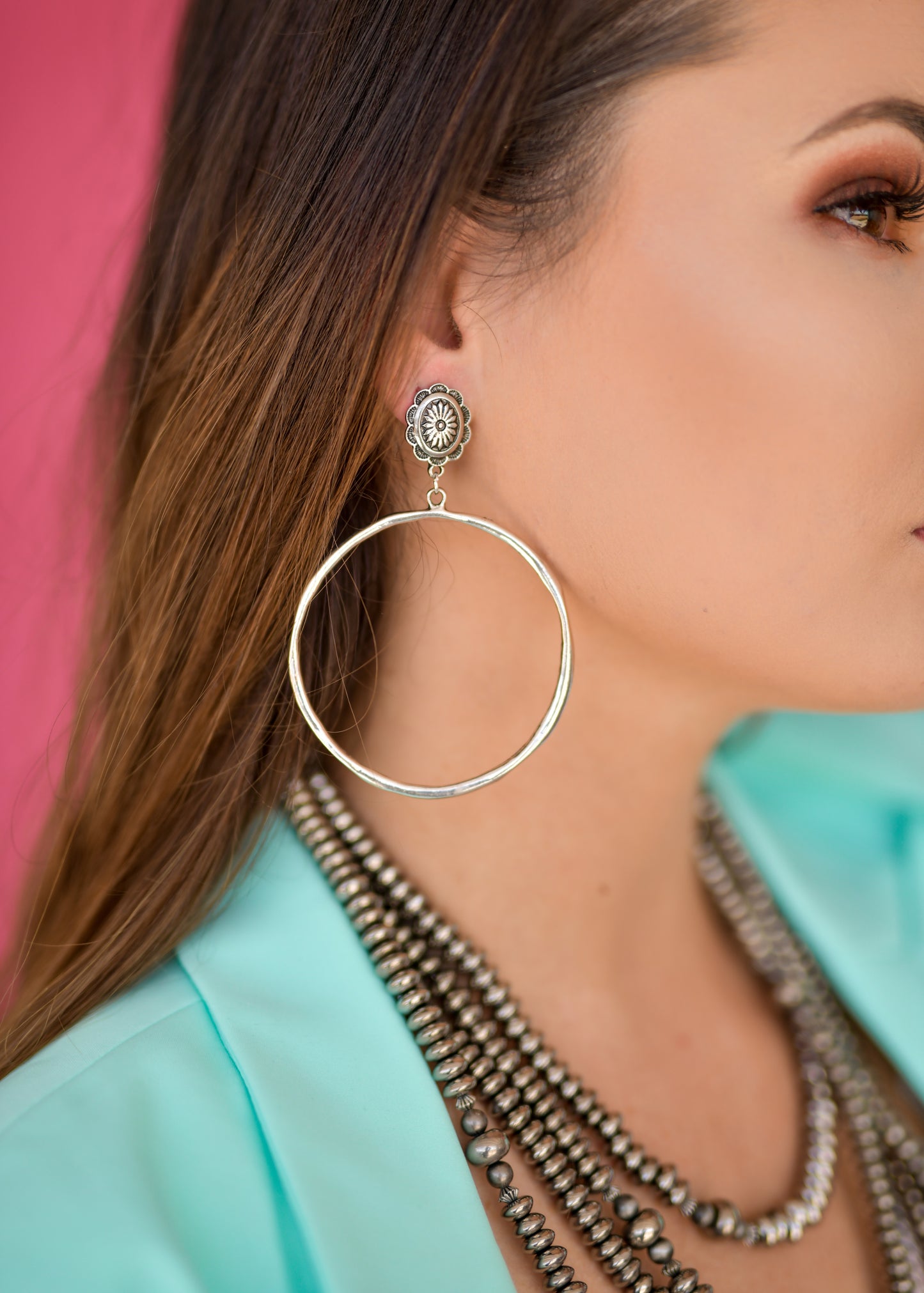 West and Co. Large Burnished Silver Hammered Hoop Earring with Silver Flower Post-Hoop Earrings-West and Co.--The Twisted Chandelier