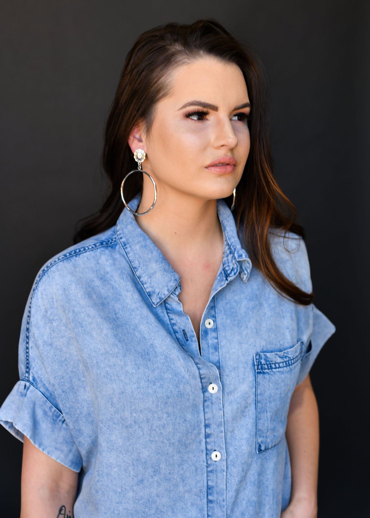 West and Co. Large Burnished Silver Hammered Hoop Earring with Silver Flower Post-Hoop Earrings-West and Co.--The Twisted Chandelier