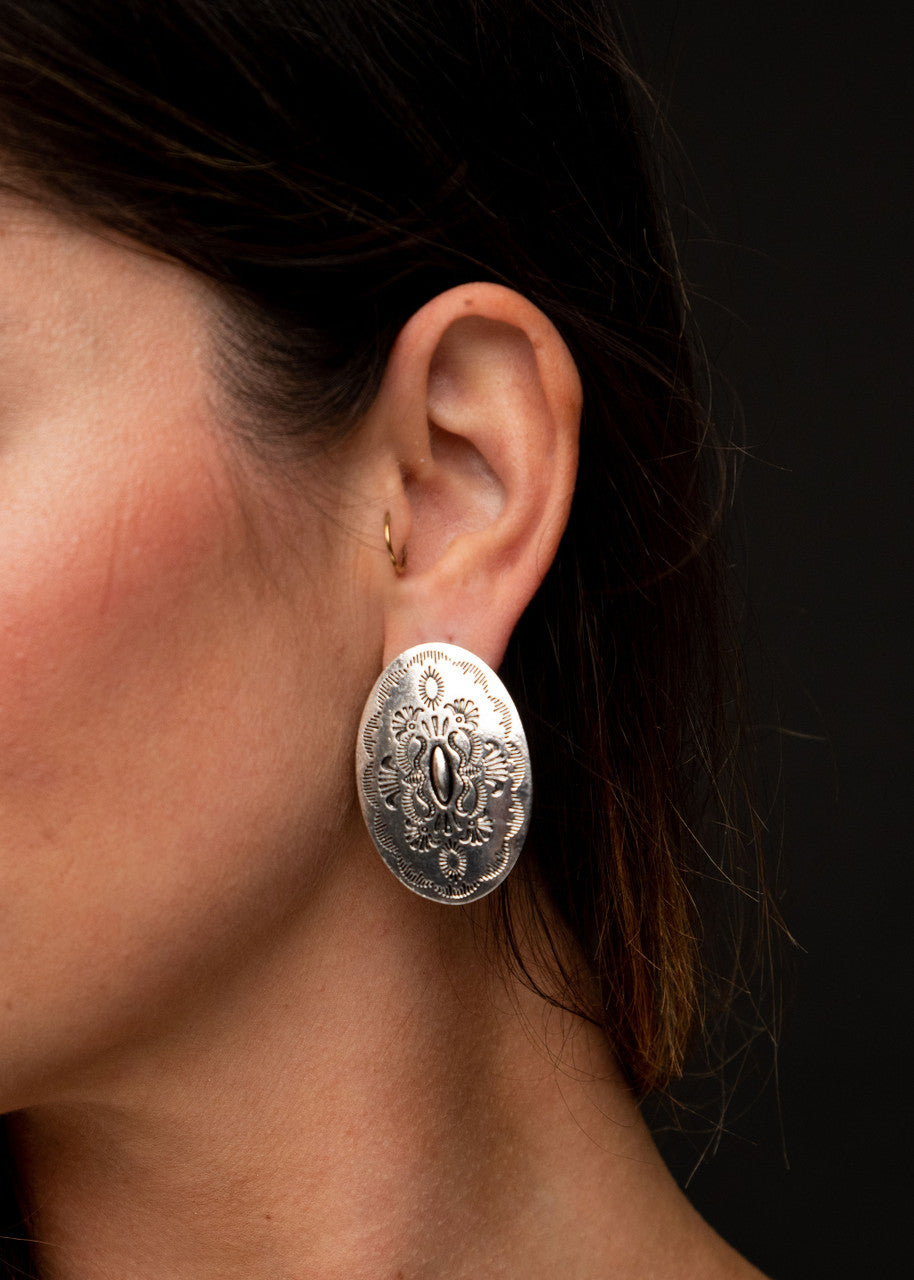 West and Co. 1.5" Oval Burnished Silver Stamped Post Earrings-Drop Earrings-West and Co.--The Twisted Chandelier