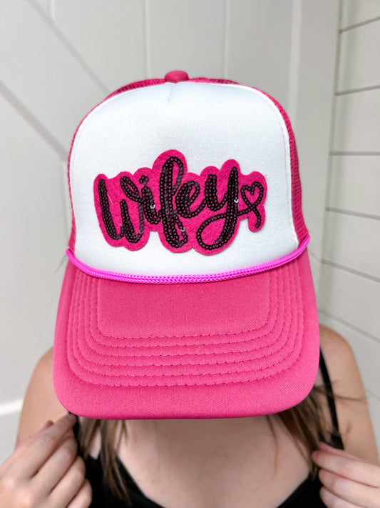 Wifey Patch on Hot Pink Trucker Hat-Hat-Southern Grace Wholesale--The Twisted Chandelier