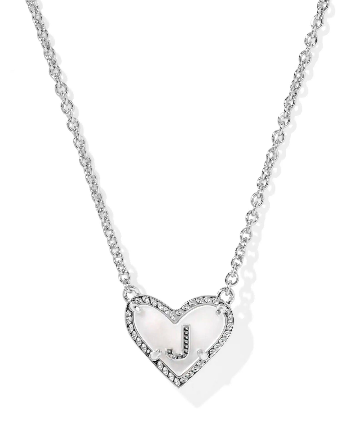 Kendra Scott Heart Letter J Short Pendant Necklace Silver Ivory Mother Of Pearl-Necklaces-Kendra Scott-08/21/25,N01137RHD-The Twisted Chandelier
