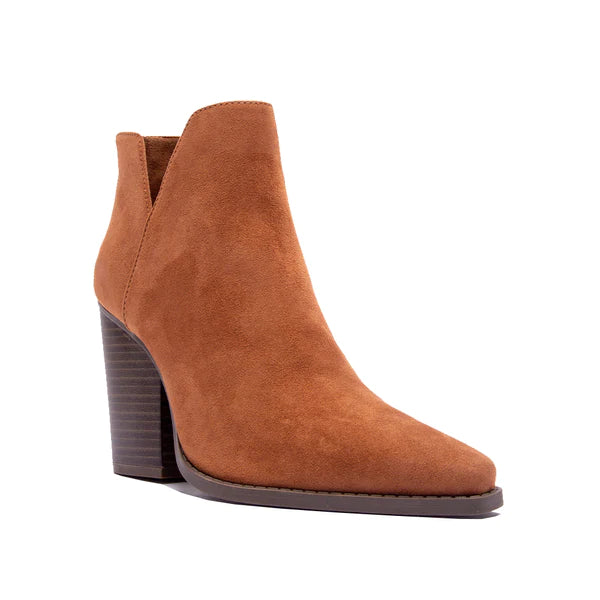 Camel Faux Suede Bootie-Boots-Qupid-09/12/23, Max Retail-The Twisted Chandelier