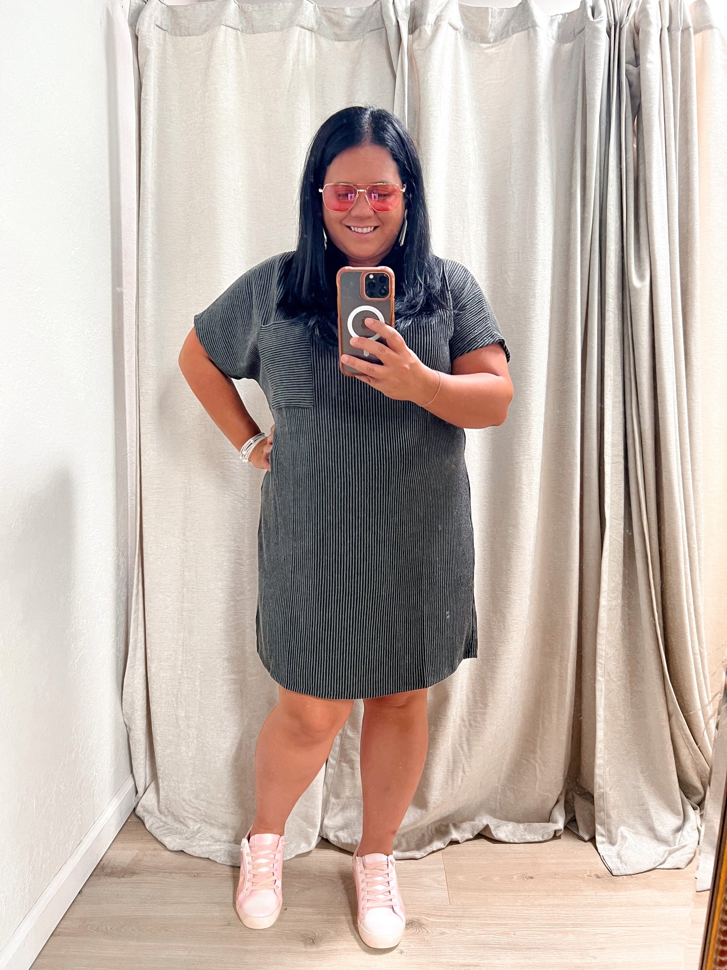 Maggie Charcoal Tee Shirt Dress - Plus-Dress-Entro-11/28/23 md, 1st md, 8/29/23, BIN A3-The Twisted Chandelier