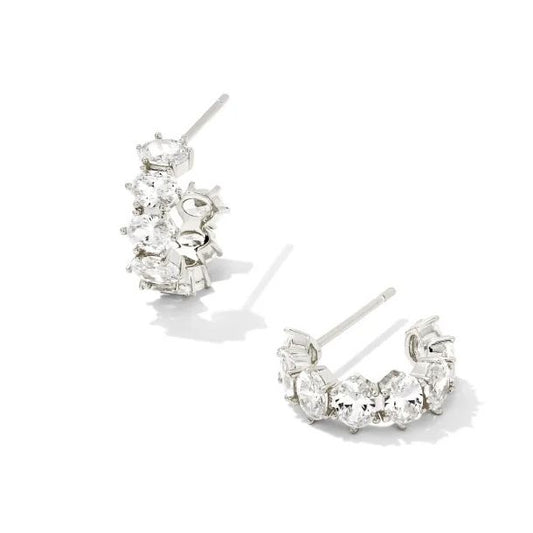 Kendra Scott Cailin Crystal Huggie Earrings Rhodium Metal White CZ-Earrings-Kendra Scott-E2057RHD-The Twisted Chandelier