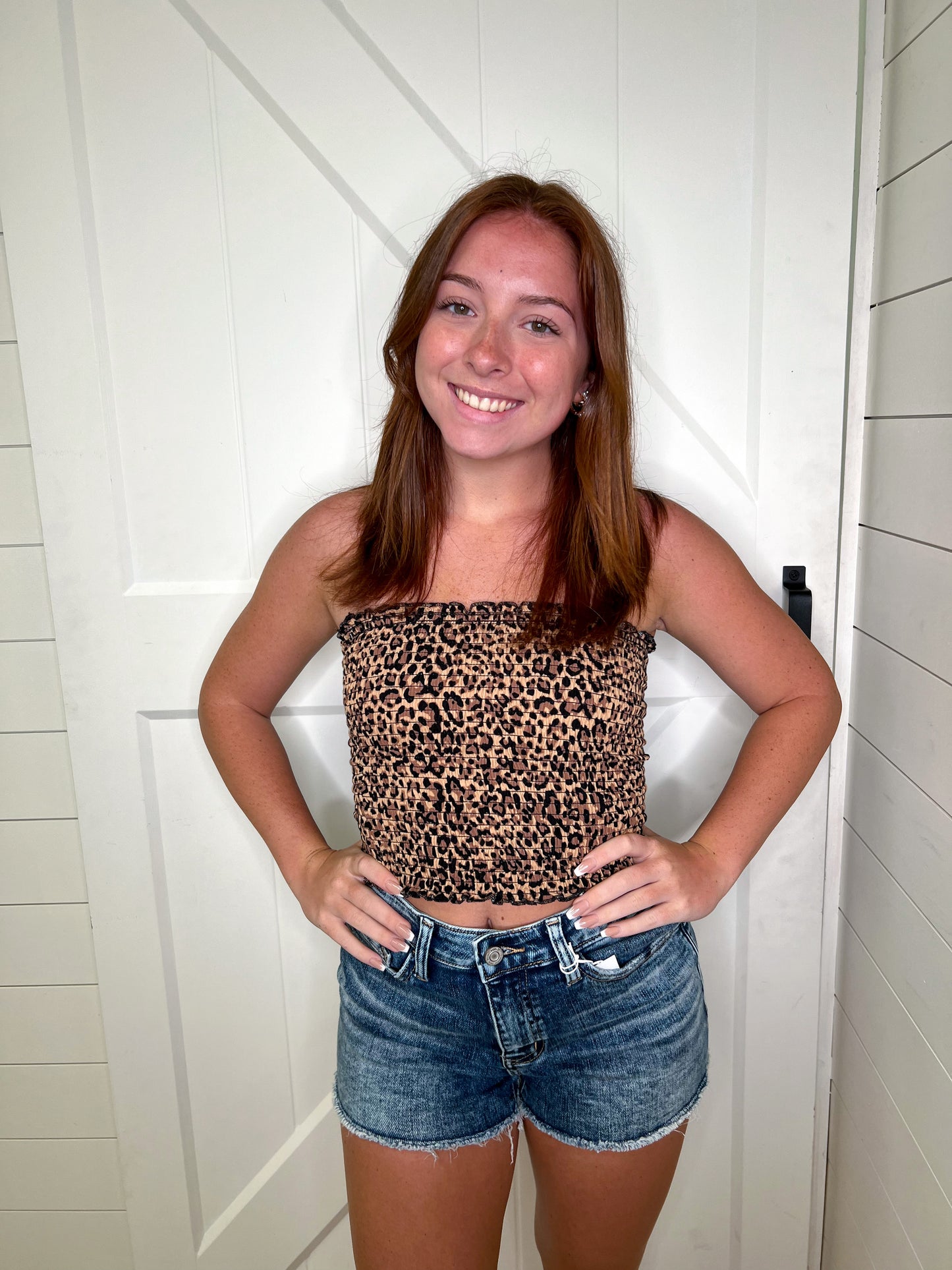 Debbie Leopard Print Smocked Tube Top-Shirt-Zenana-05/16/23, CT-3061BA-The Twisted Chandelier