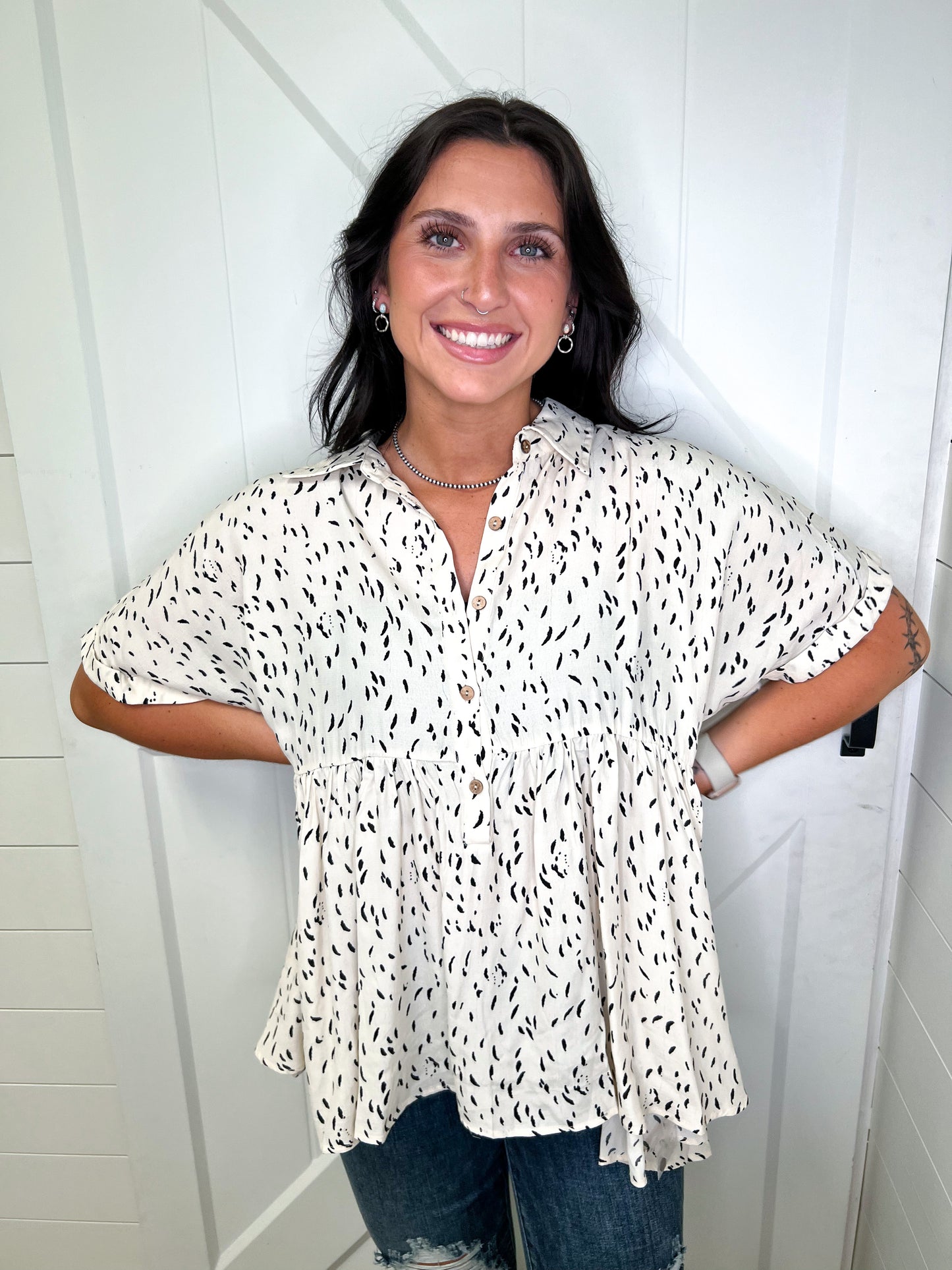 Wren Print Collared Baby Doll Top-BLOUSE TOP-jodifl-BIN C4, G21113-1-The Twisted Chandelier