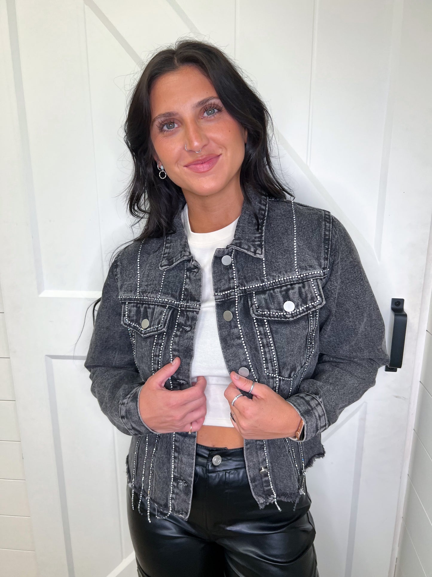 Sofia Denim Jacket with Diamond Trim Detail-Jacket-Andree-09/12/23, BIN C2, BIN D2-The Twisted Chandelier