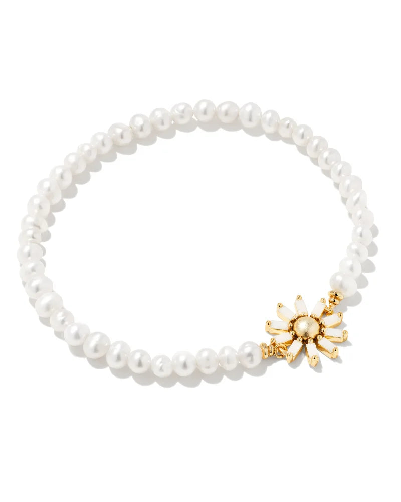Kendra Scott Madison Daisy Pearl Stretch Bracelet Gold White Opaque Glass-Bracelets-Kendra Scott-B1497GLD-The Twisted Chandelier