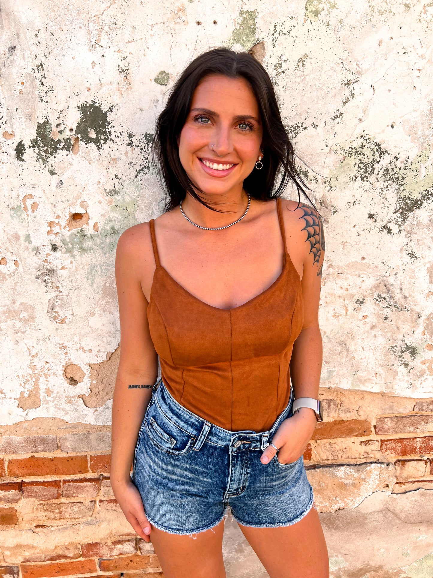 Clara Faux Suede Basic Cami Bodysuit - Camel-Bodysuit-ShopIrisBasic-IT91778-A(Bodysuits)-The Twisted Chandelier