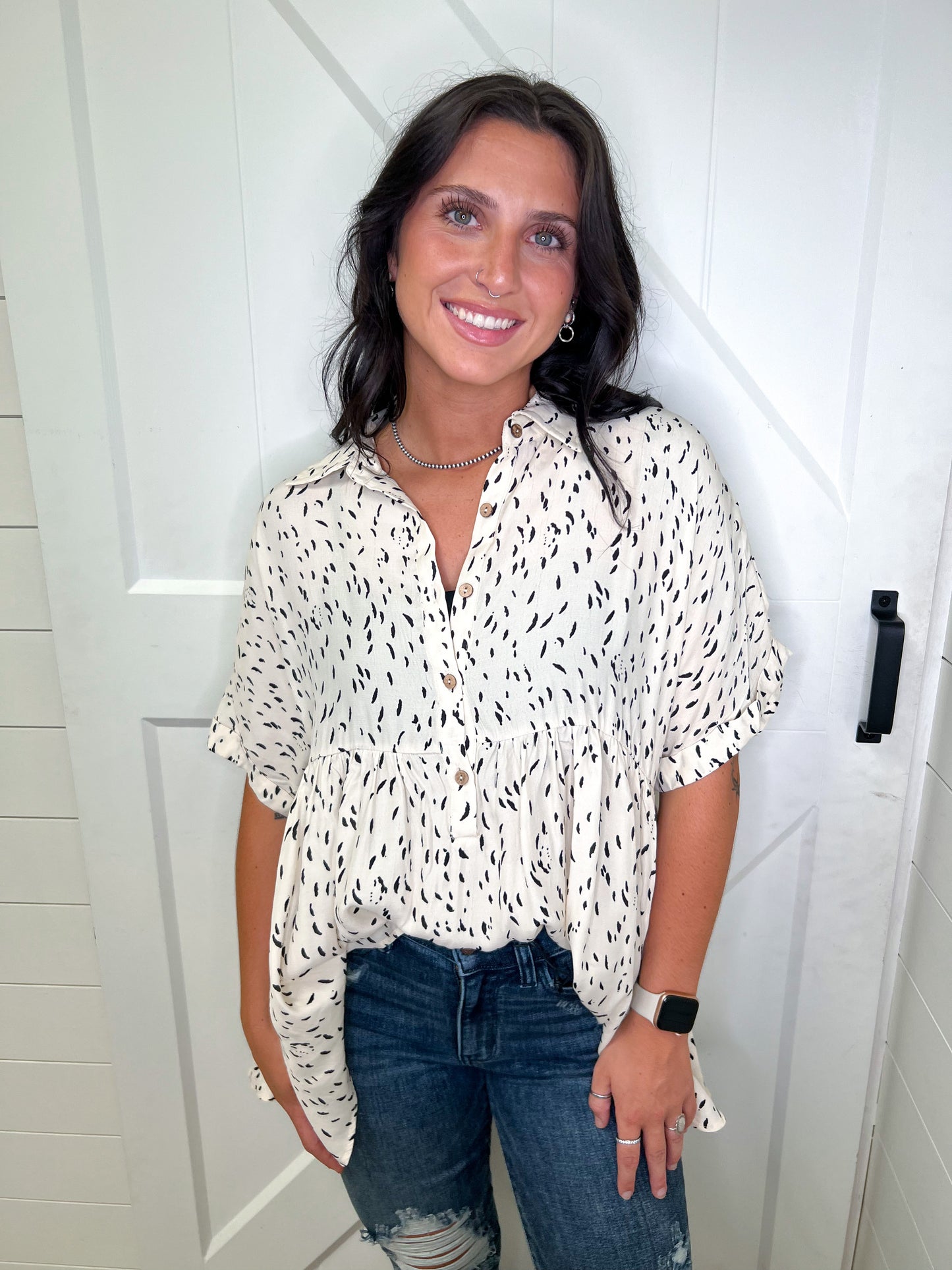 Wren Print Collared Baby Doll Top-BLOUSE TOP-jodifl-BIN C4, G21113-1-The Twisted Chandelier