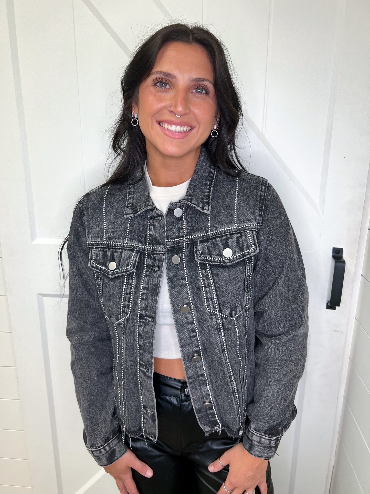 Sofia Denim Jacket with Diamond Trim Detail-Jacket-Andree-09/12/23, BIN C2, BIN D2-The Twisted Chandelier