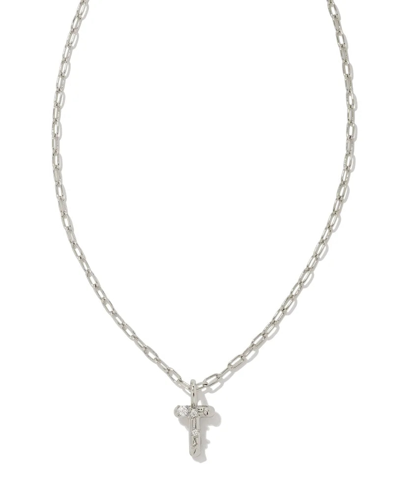 Kendra Scott Crystal Letter T Short Pendant Necklace Silver White CZ-Necklaces-Kendra Scott-N00208RHD-The Twisted Chandelier